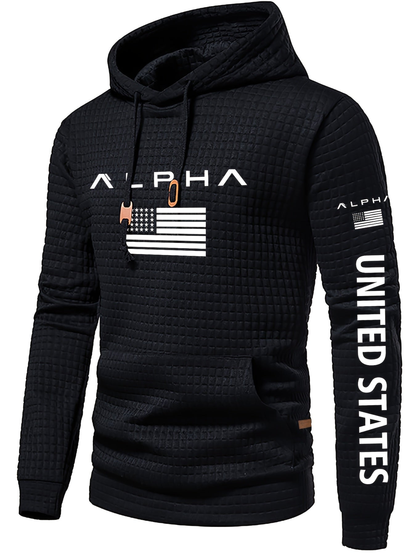 Mens Casual Letter Print Slim Fit Waffle Knit Pullover Hooded Swearshirt