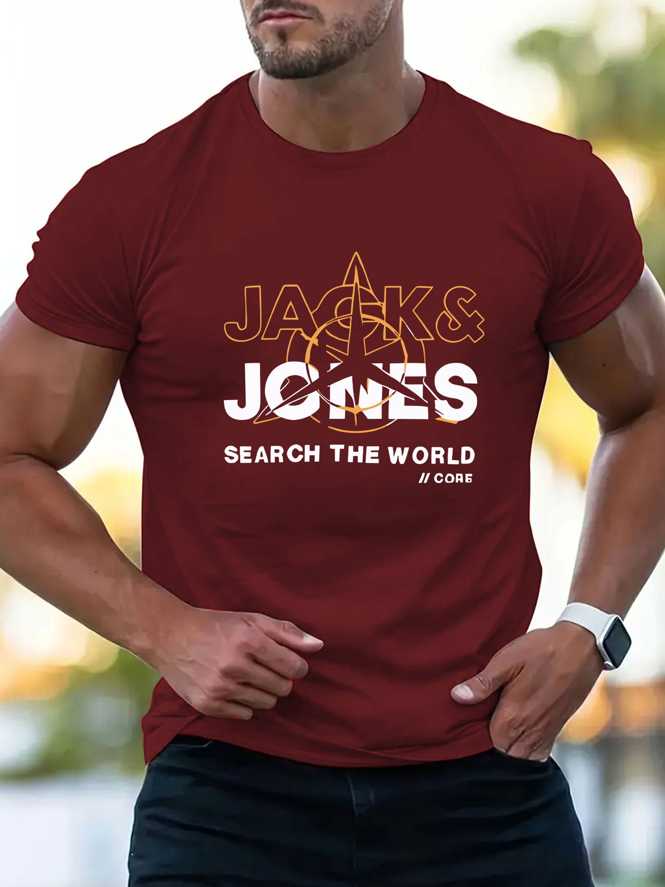 Mens Casual Graphic Short Sleeve Summer Style "Search the World" Print Round Neck Tshirt