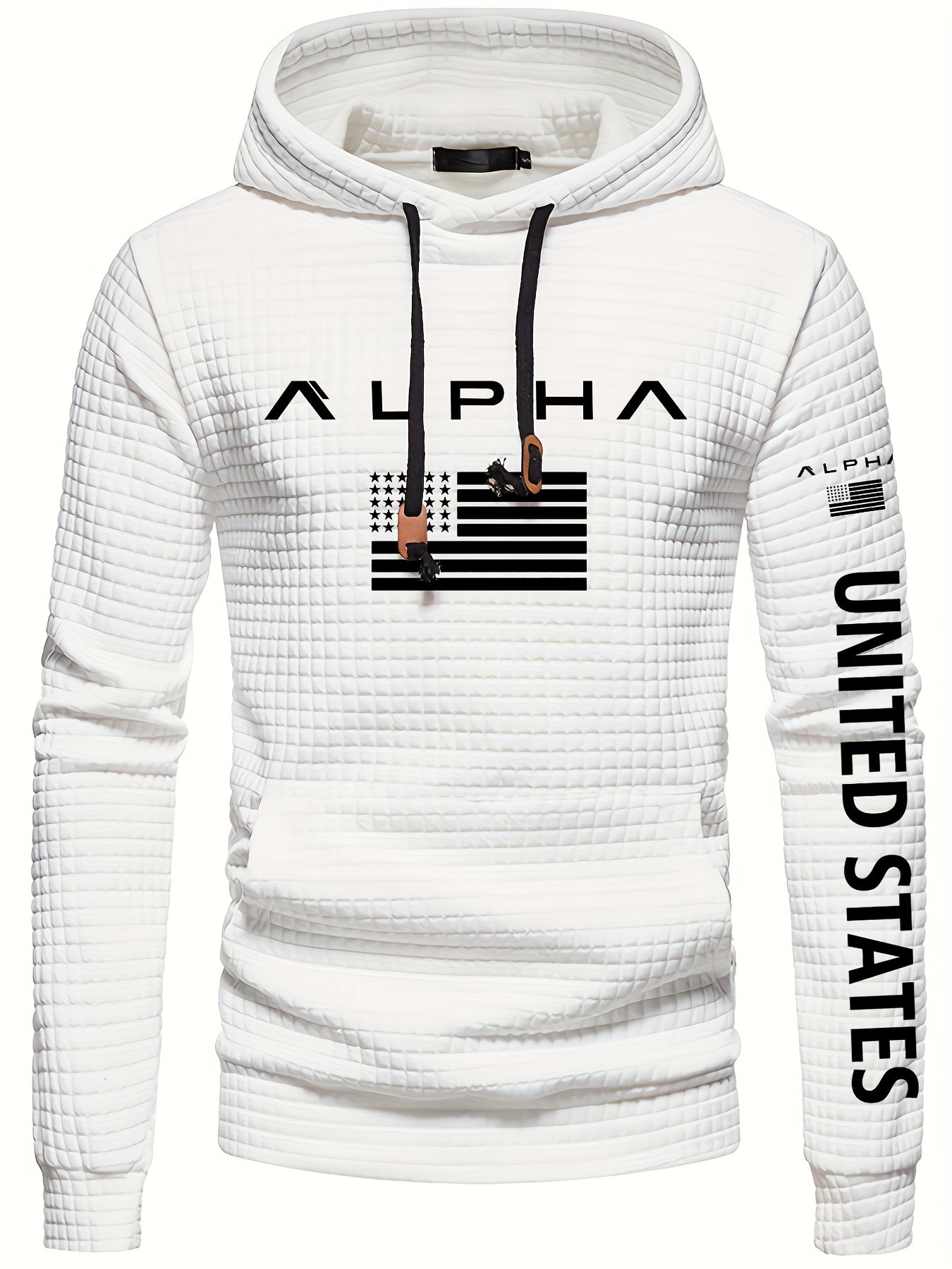 Mens Casual Letter Print Slim Fit Waffle Knit Pullover Hooded Swearshirt
