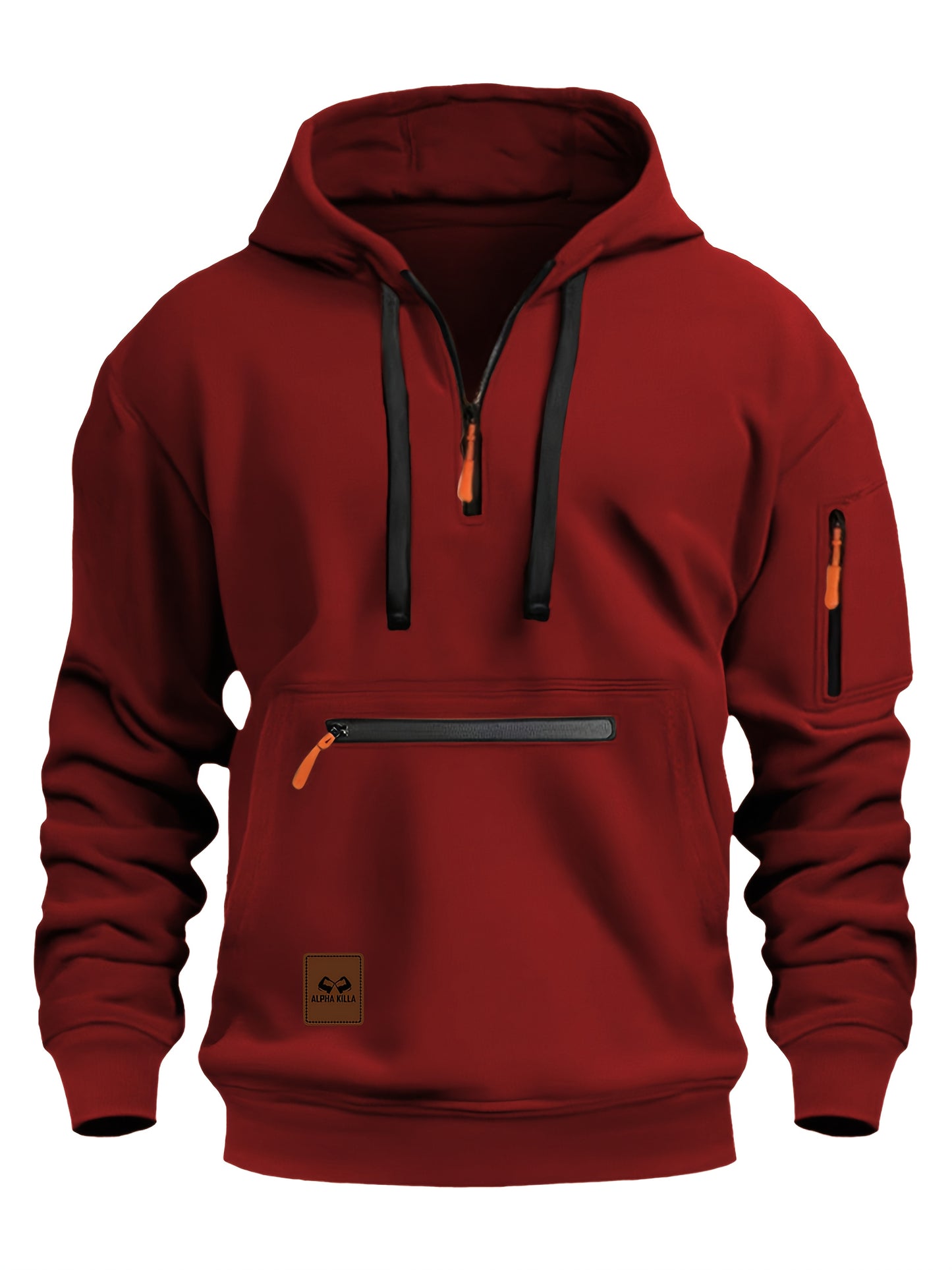 Mens Casual Hooded Zipper Pockets Half Zip Collar Solid Colour Pullover Sweatshirt