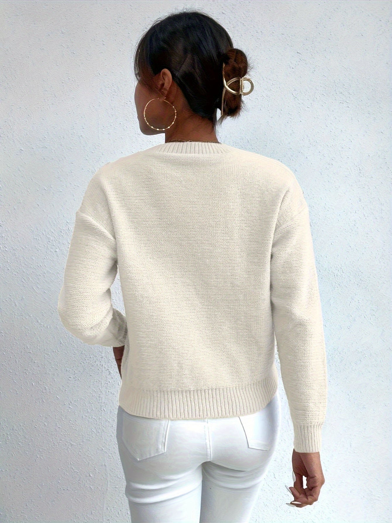Womens Casual Round Neck Chunky Drop Shoulder Solid Colour Jumper