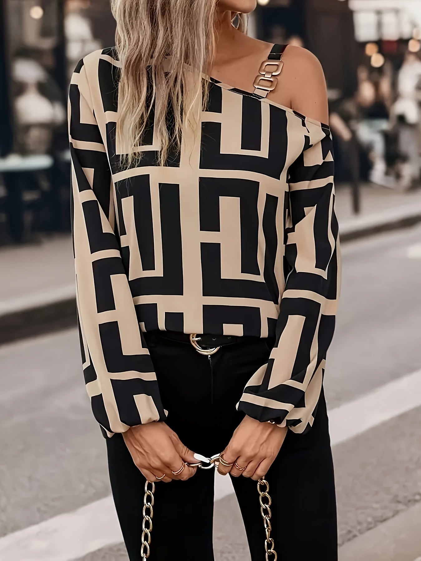 Womens Elegant Off-Shoulder Geometric Print Asymmetrical Loose Fit Chain Detail Top