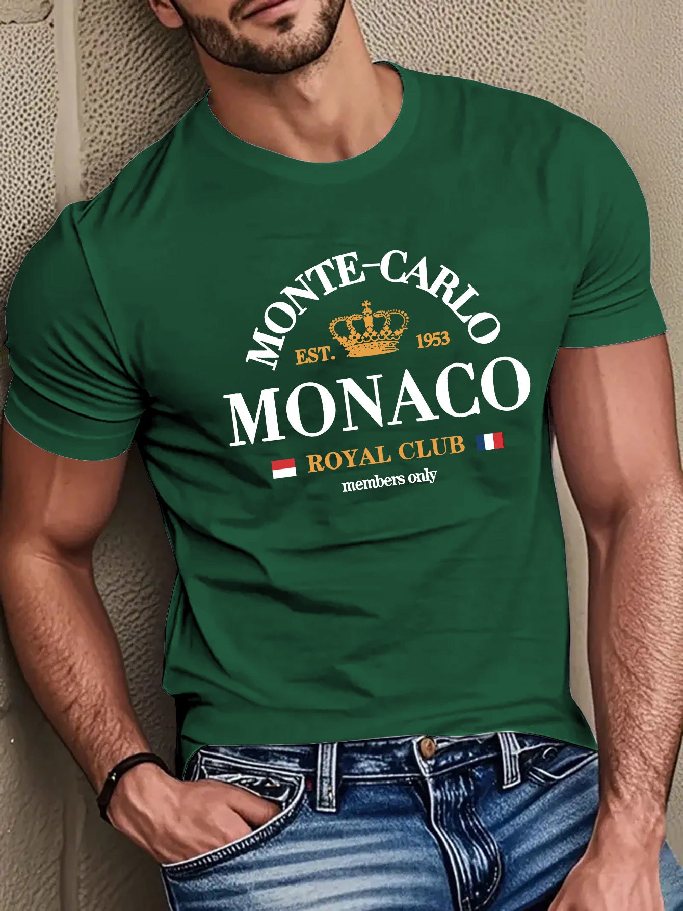 Mens Casual Monte Carlo Royal Club Graphic Print Soft Breathable Crew Neck Ribbed Tshirt