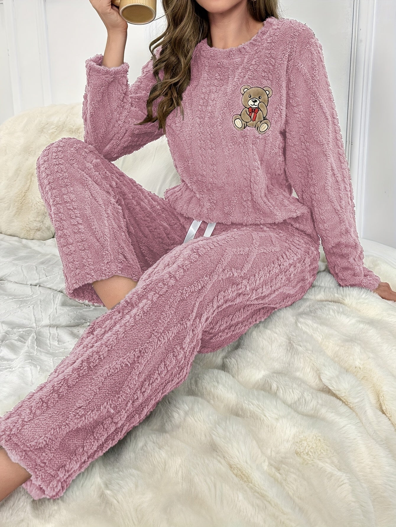 Womens Casual Bear Embroidered Thick Long Sleeve Round Neck Top & Pants Set