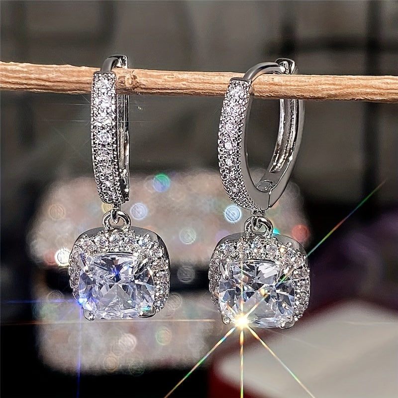 Womens Elegant White Gold Plated Square Zirconia Earrings