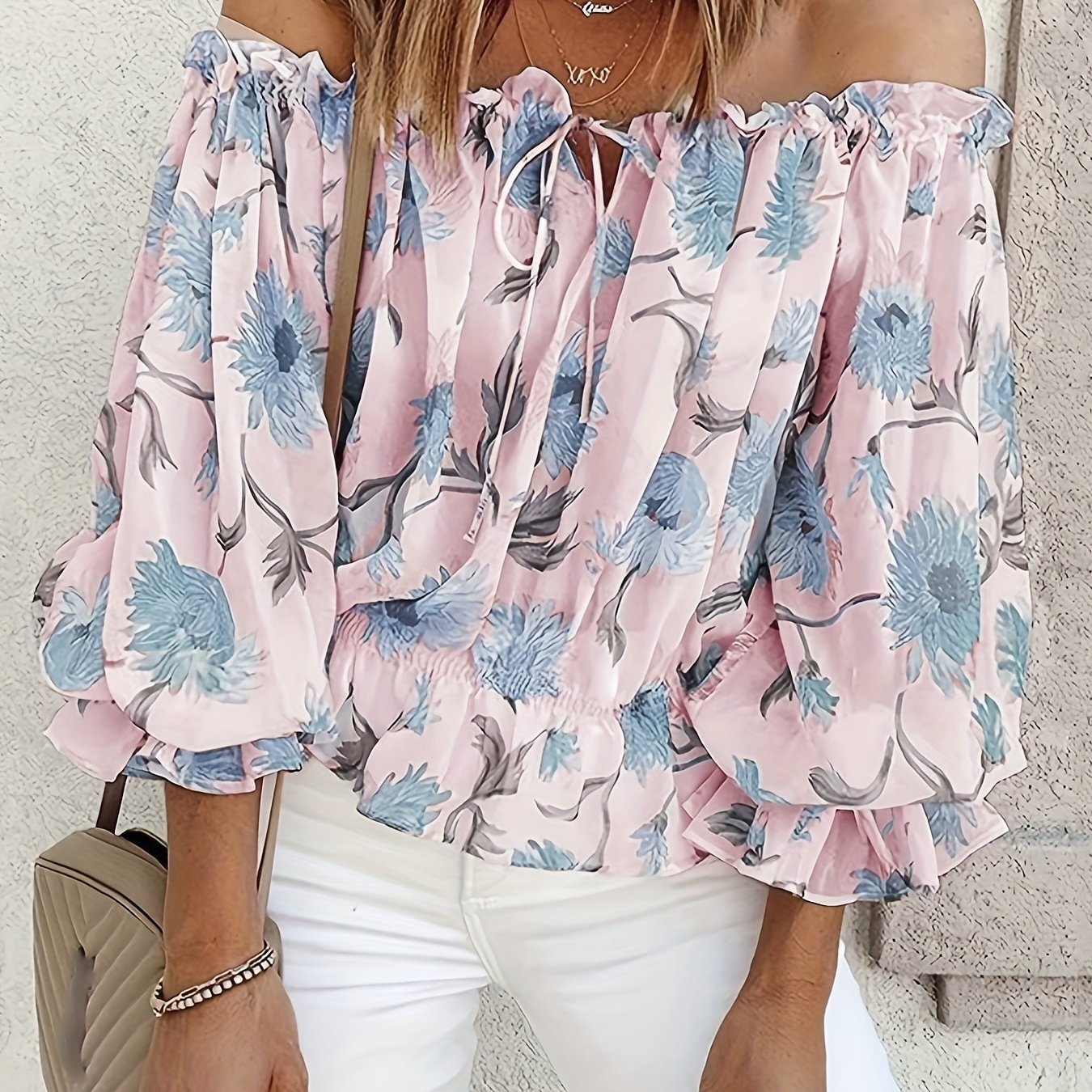 Womens Lightweight Off-Shoulder Semi-Sheer Pleated Lantern Sleeves Loose Fit Top