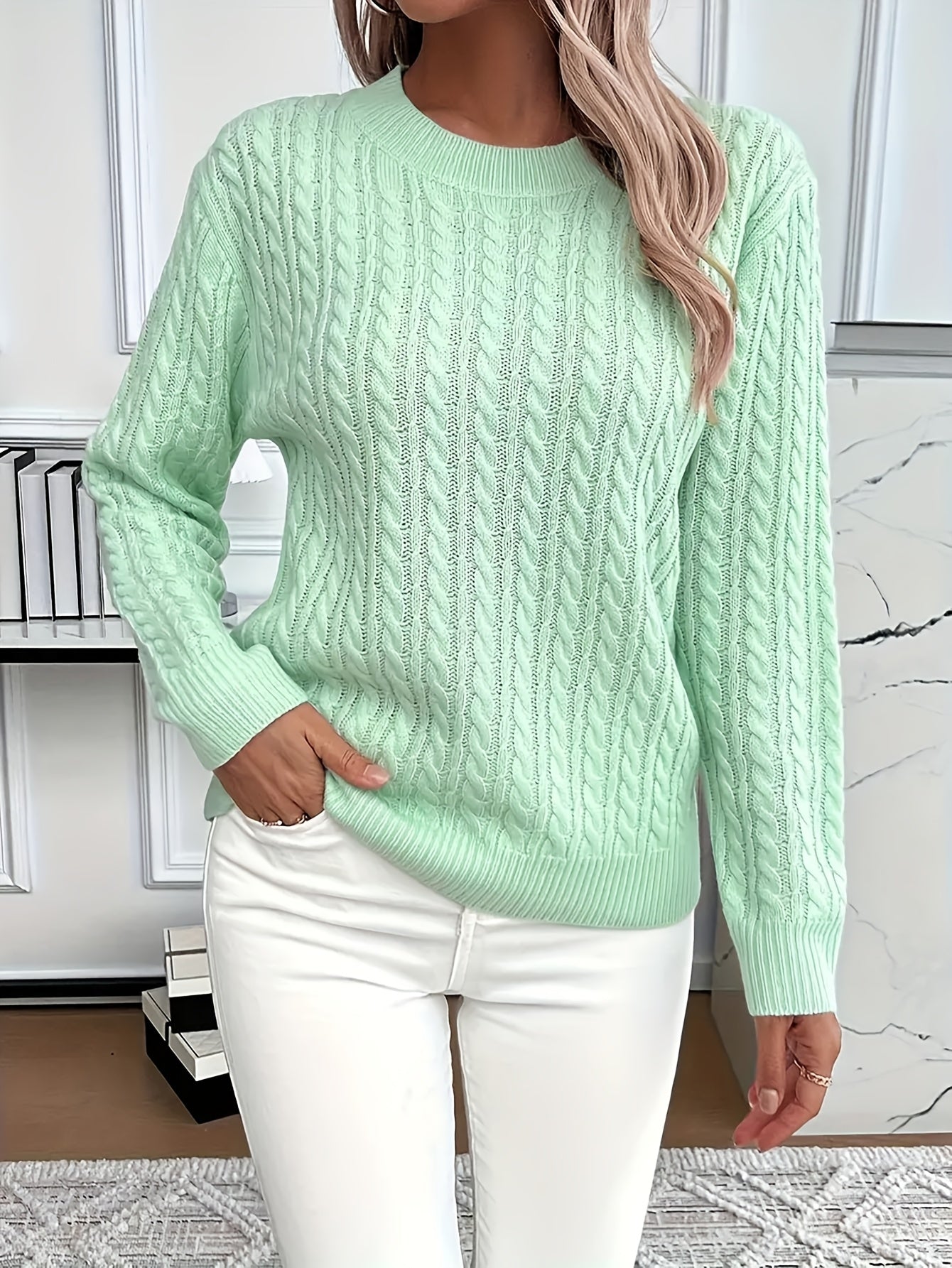 Womens Casual Loose-Fit Round Neck Long Sleeve Solid Colour Rib Design Pullover Sweater