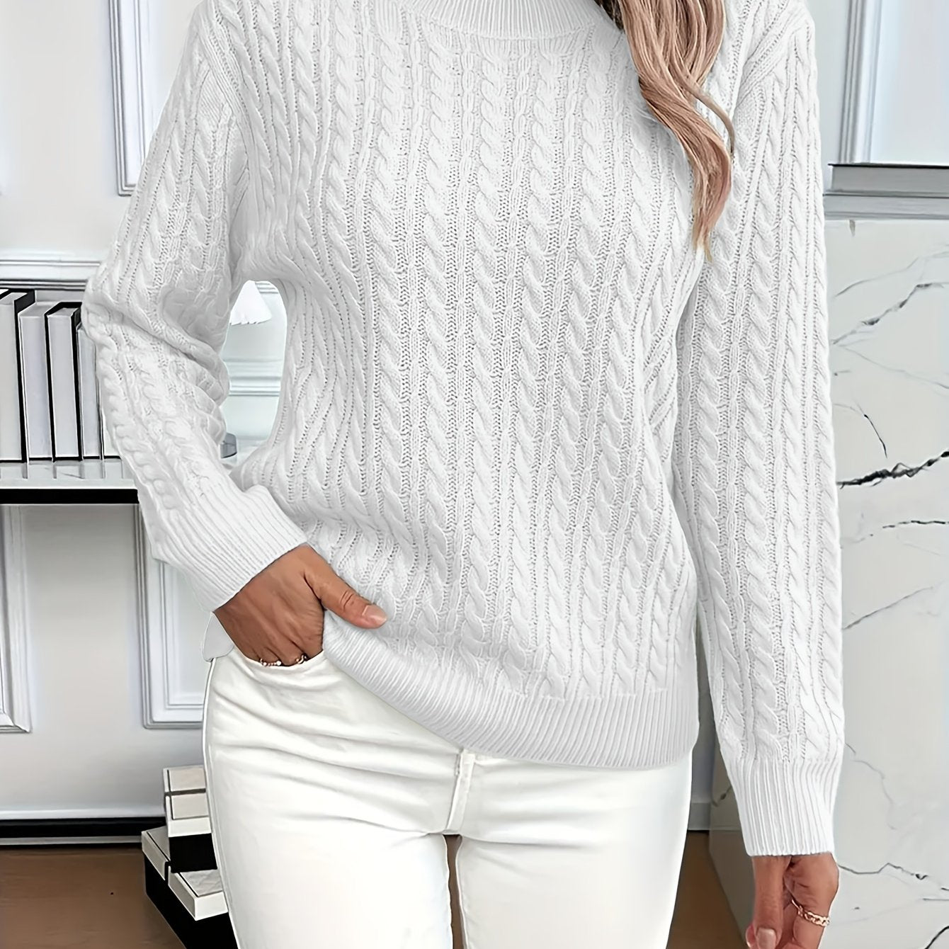 Womens Casual Loose-Fit Round Neck Long Sleeve Solid Colour Rib Design Pullover Sweater