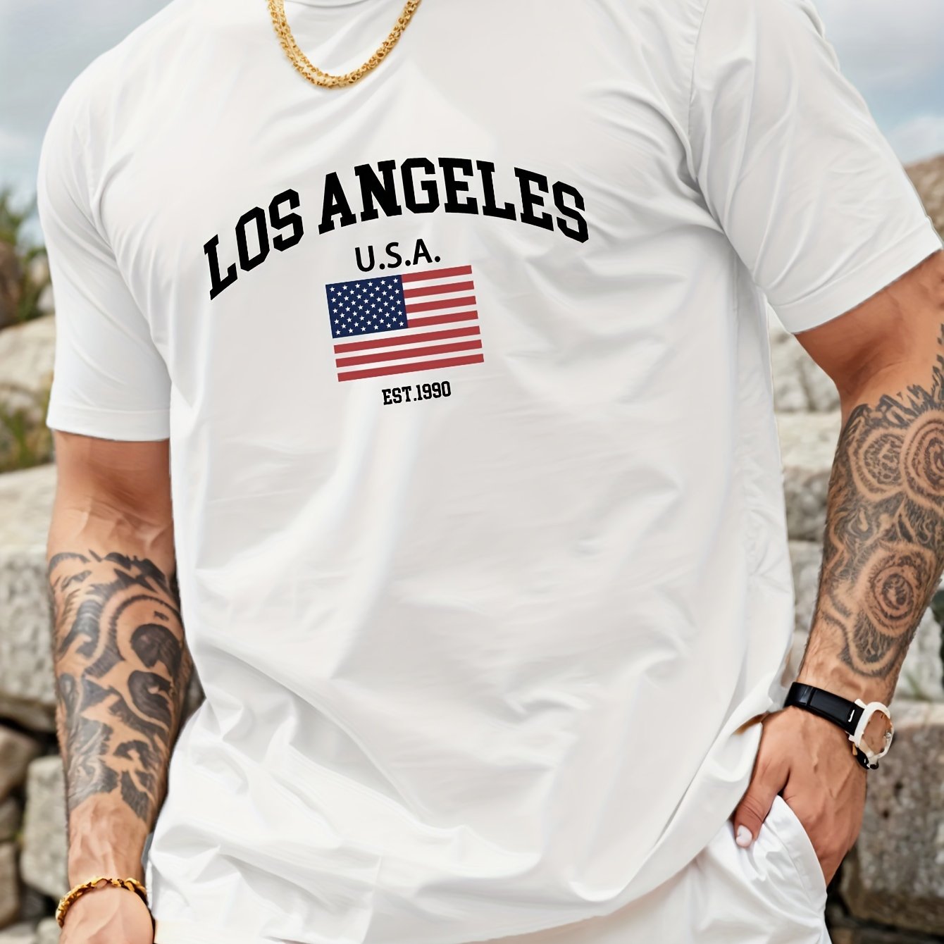 Mens Los Angeles USA Flag Print Casual Crew Neck T-Shirt