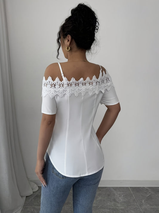 Womens Elegant White Off-Shoulder Laced Cinched Waist Short Sleeve Top