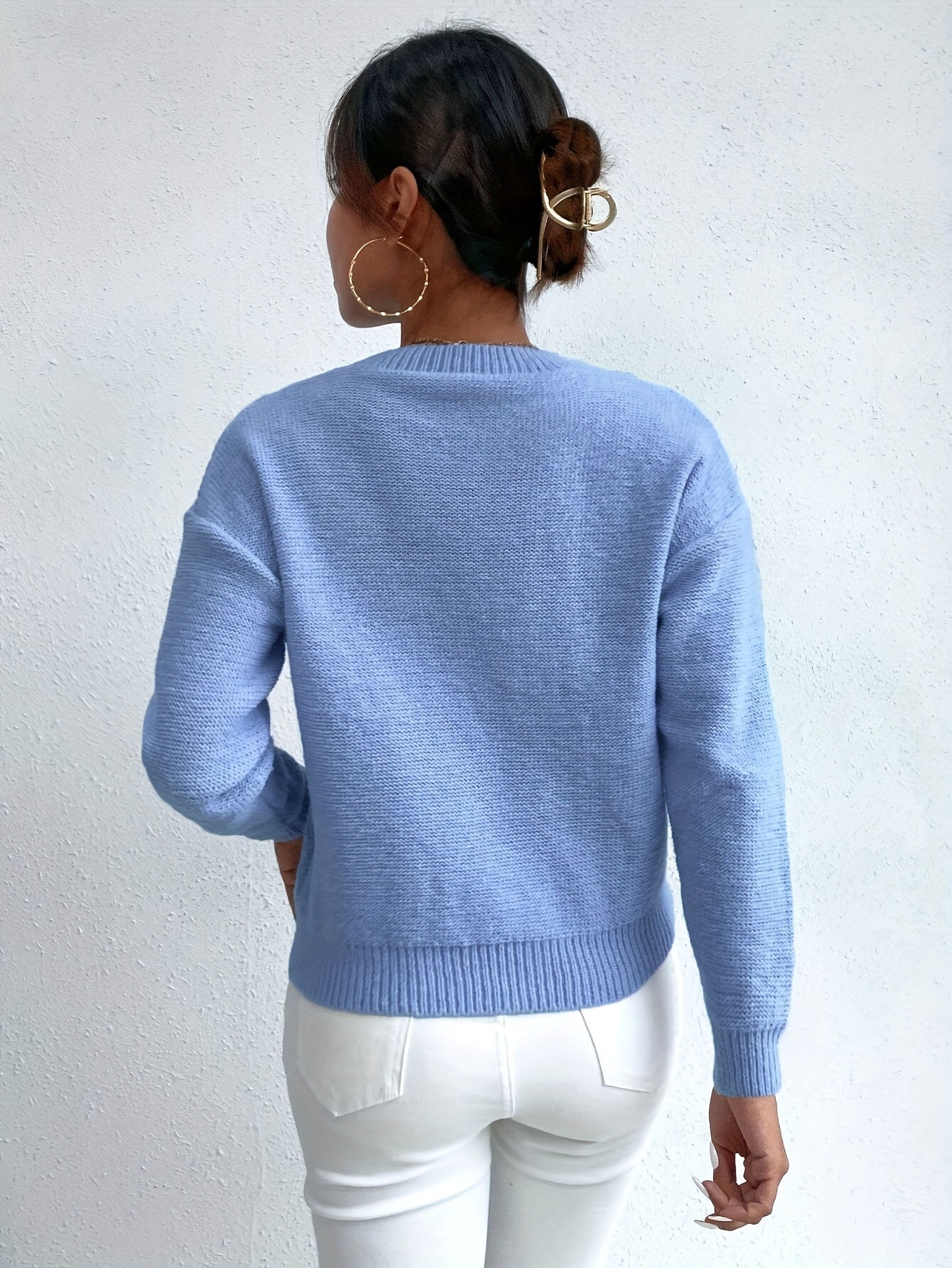 Womens Casual Round Neck Chunky Drop Shoulder Solid Colour Jumper
