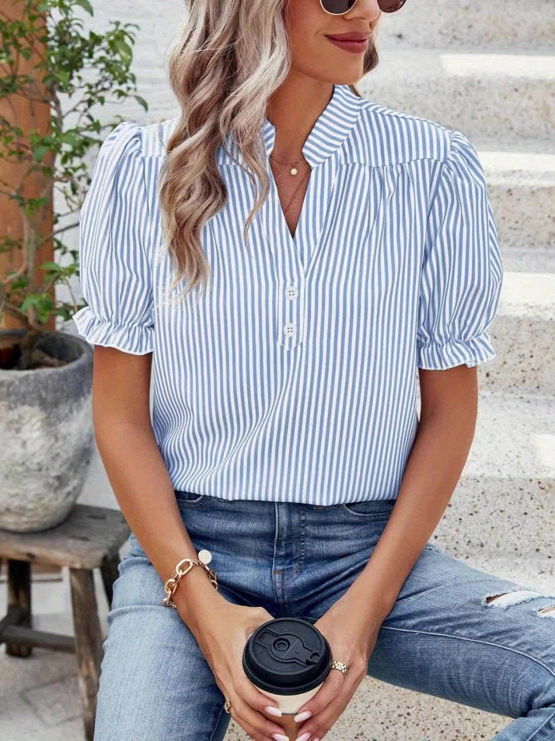 Womens Striped V-Neck Puff Short Sleeve Summer Top