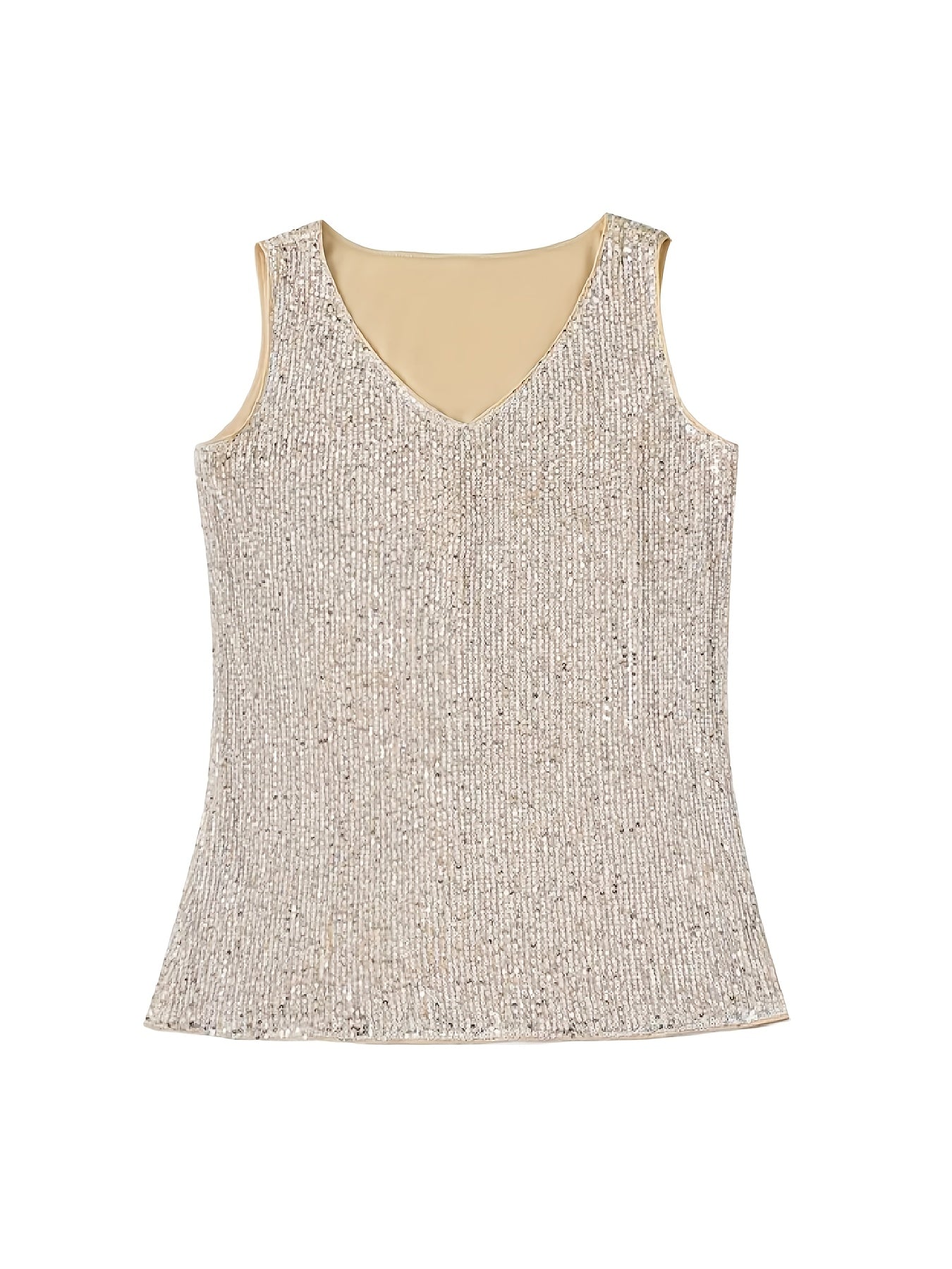 Womens Elegant Sequin V-Neck Knit Fabric Solid Colour Sleeveless Top