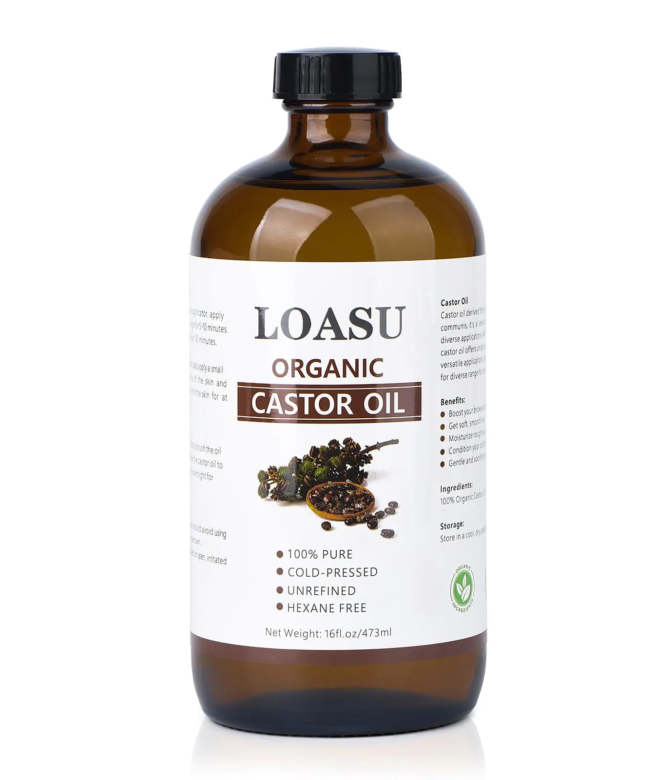 Castor Oil Organic Cold Pressed Unrefined Glass Bottle 100% Pure Castor Oil Hexane Free Cold Pressed Organic Castor Oil for Face Hair Growth Eyelashes and Castor Oil Pack 16fl.oz/473ml