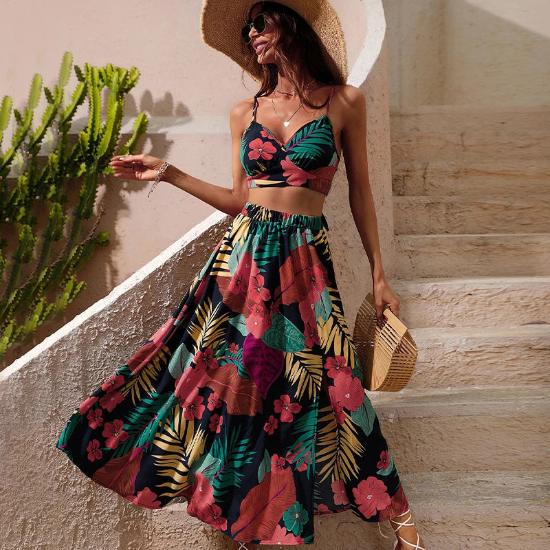 Womens Bikini Crop Top Long Floral Print Midi Boho Dress MTLondon