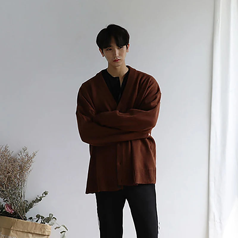 Mens Knitted Solid Colour V-Neck Single Breasted Cardigan