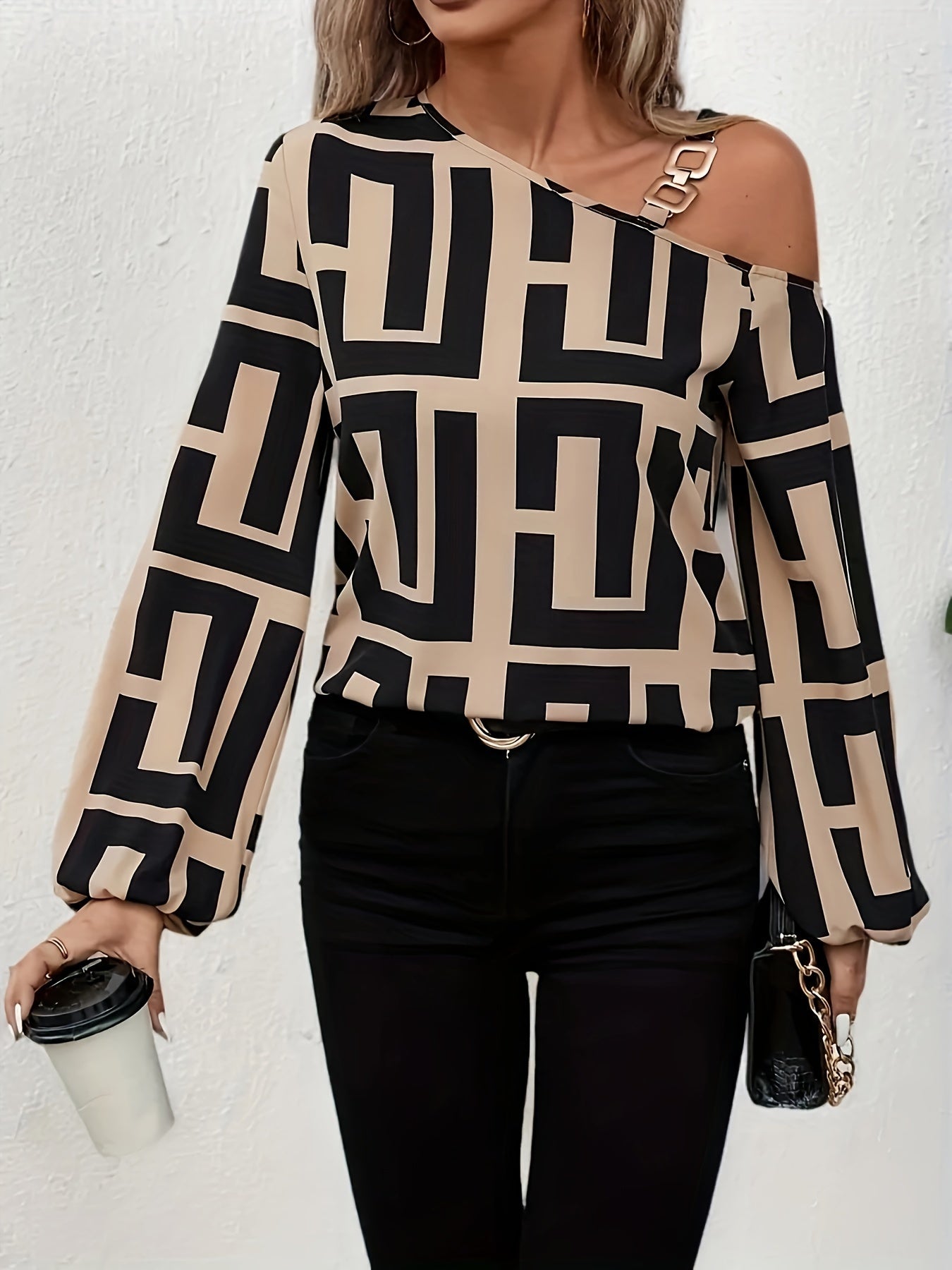 Womens Elegant Off-Shoulder Geometric Print Asymmetrical Loose Fit Chain Detail Top