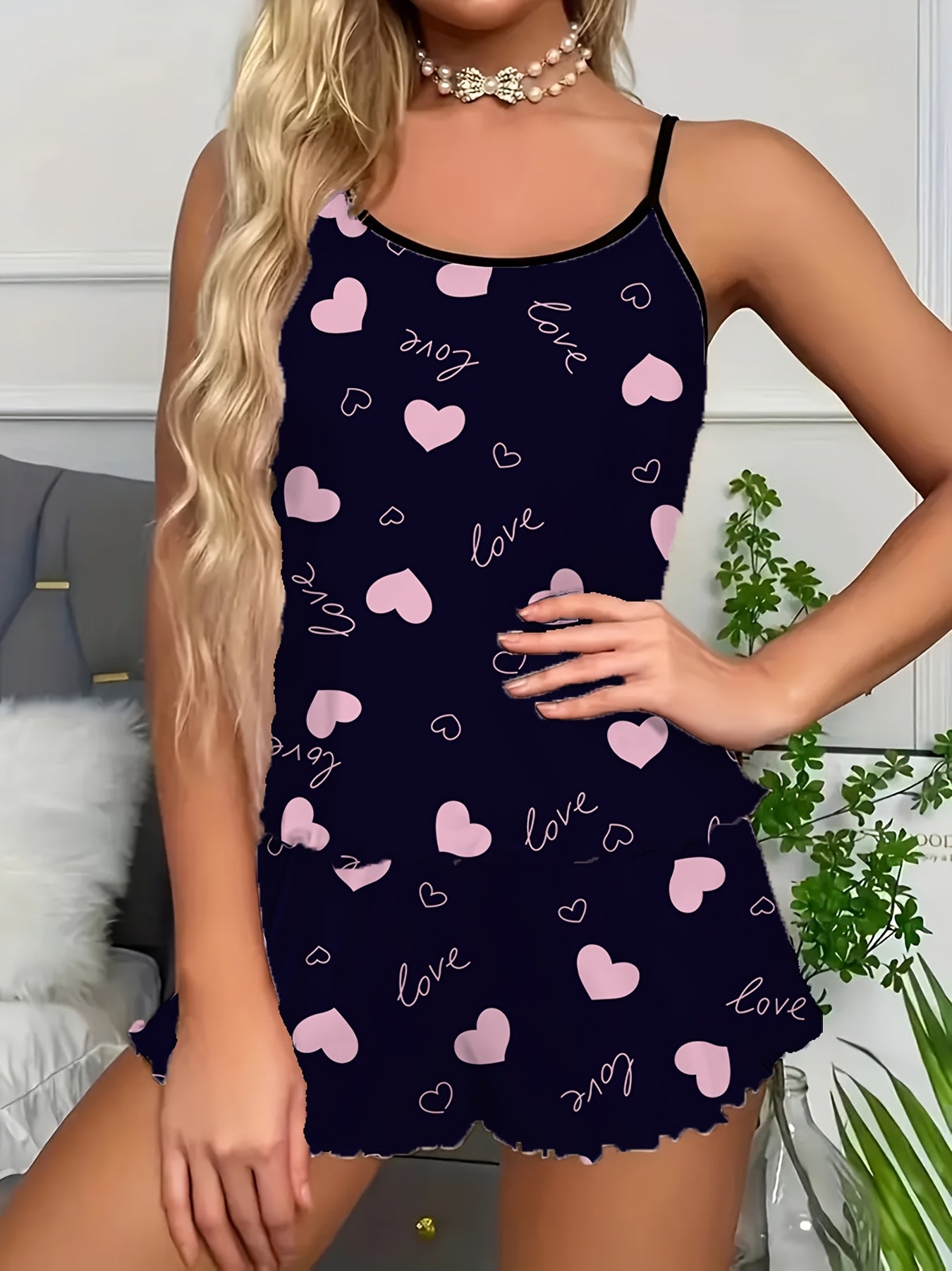 Womens Sexy Love Heart Print Spaghetti Strap Cami & Shorts Pyjama Set