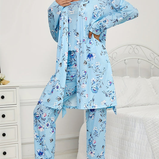 Womens 3 Piece Floral & Butterfly Print Long Pants Long Sleeve Belted Robe, Casual Crew Neck Top Nightwear Set