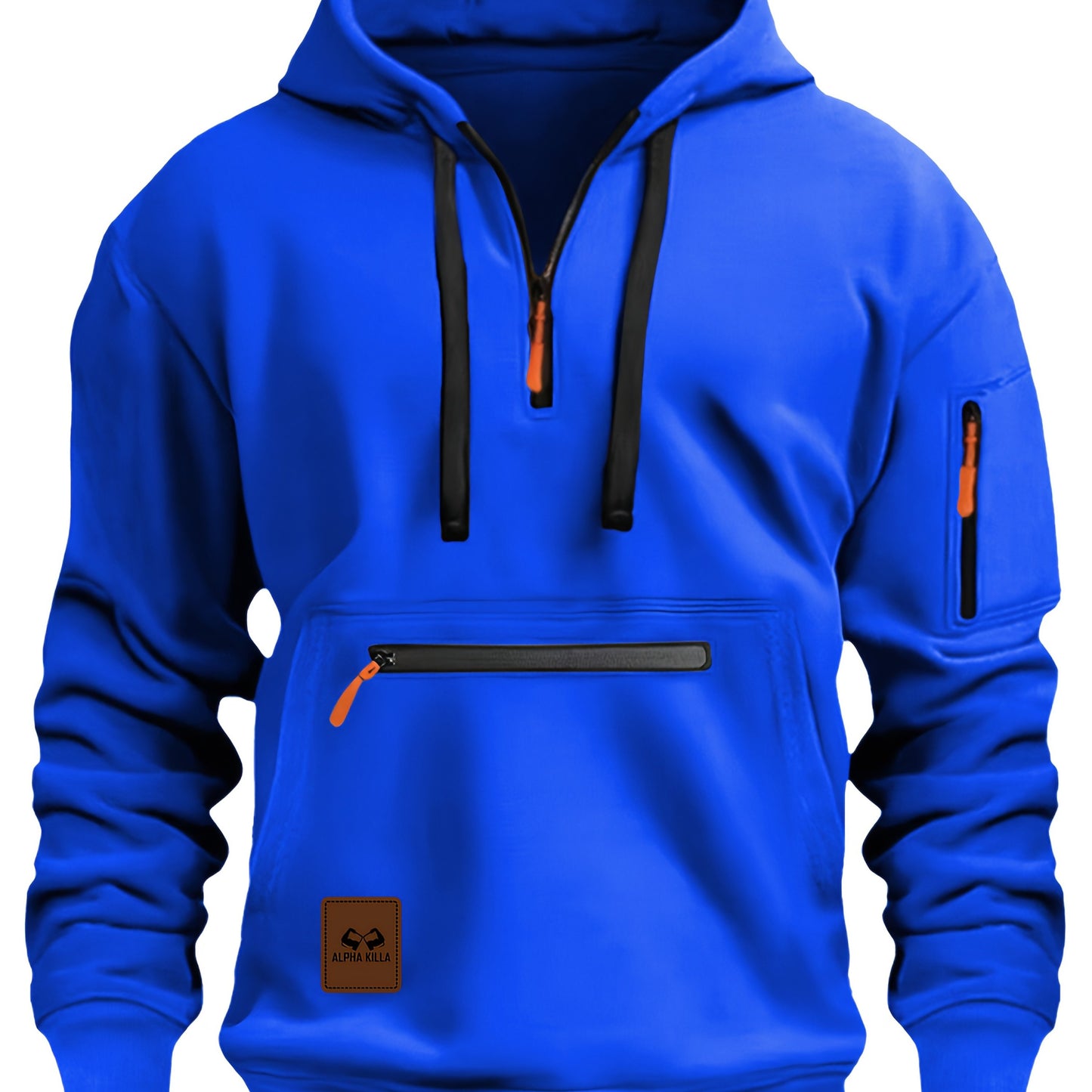 Mens Casual Hooded Zipper Pockets Half Zip Collar Solid Colour Pullover Sweatshirt