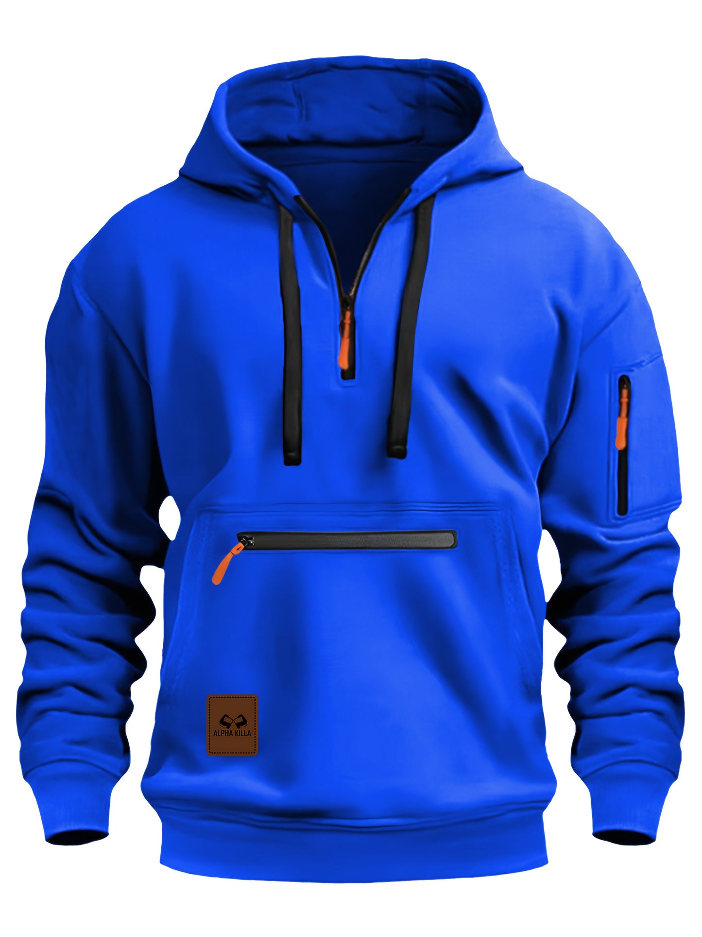 Mens Casual Hooded Zipper Pockets Half Zip Collar Solid Colour Pullover Sweatshirt