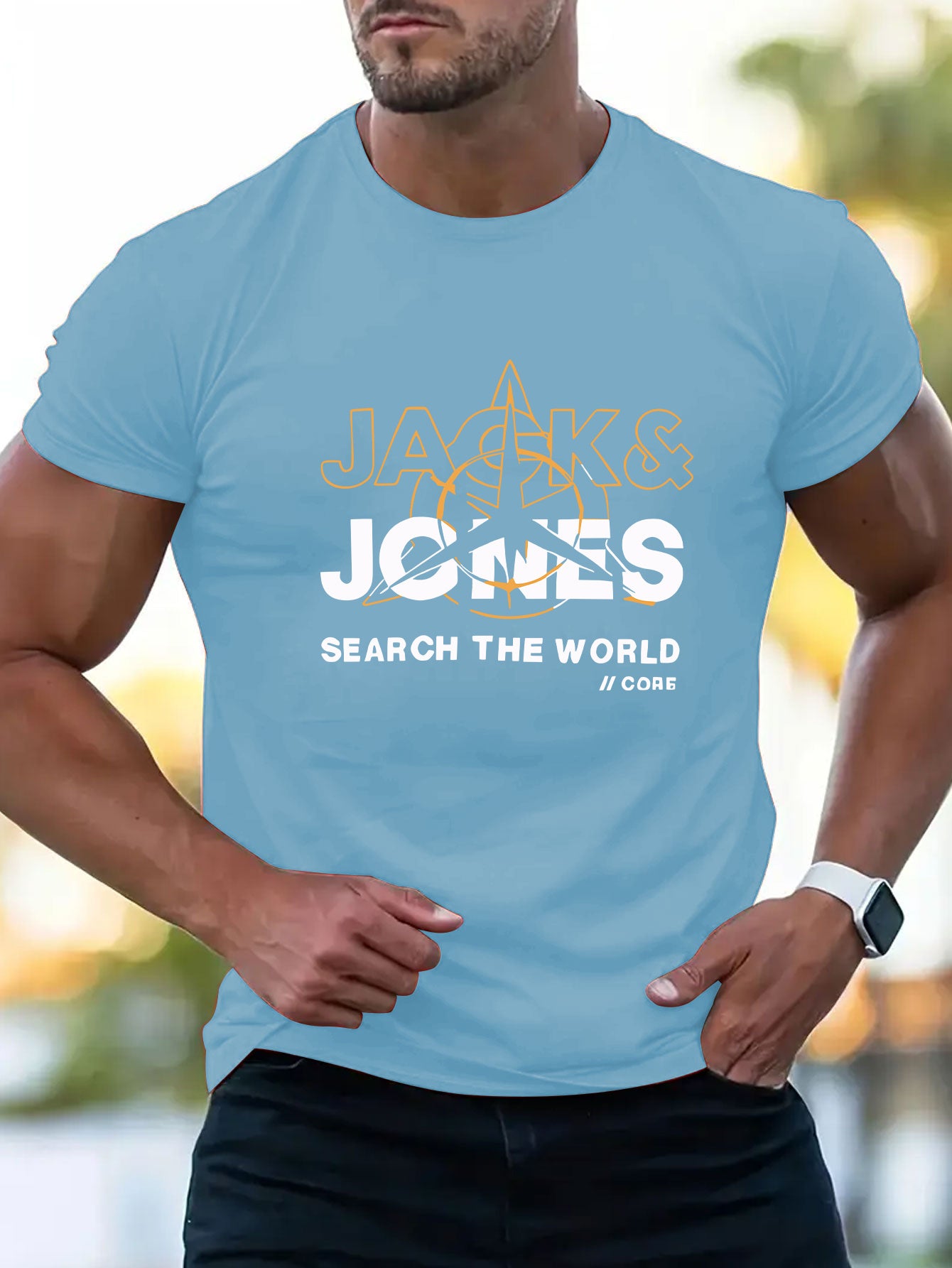 Mens Casual Graphic Short Sleeve Summer Style "Search the World" Print Round Neck Tshirt