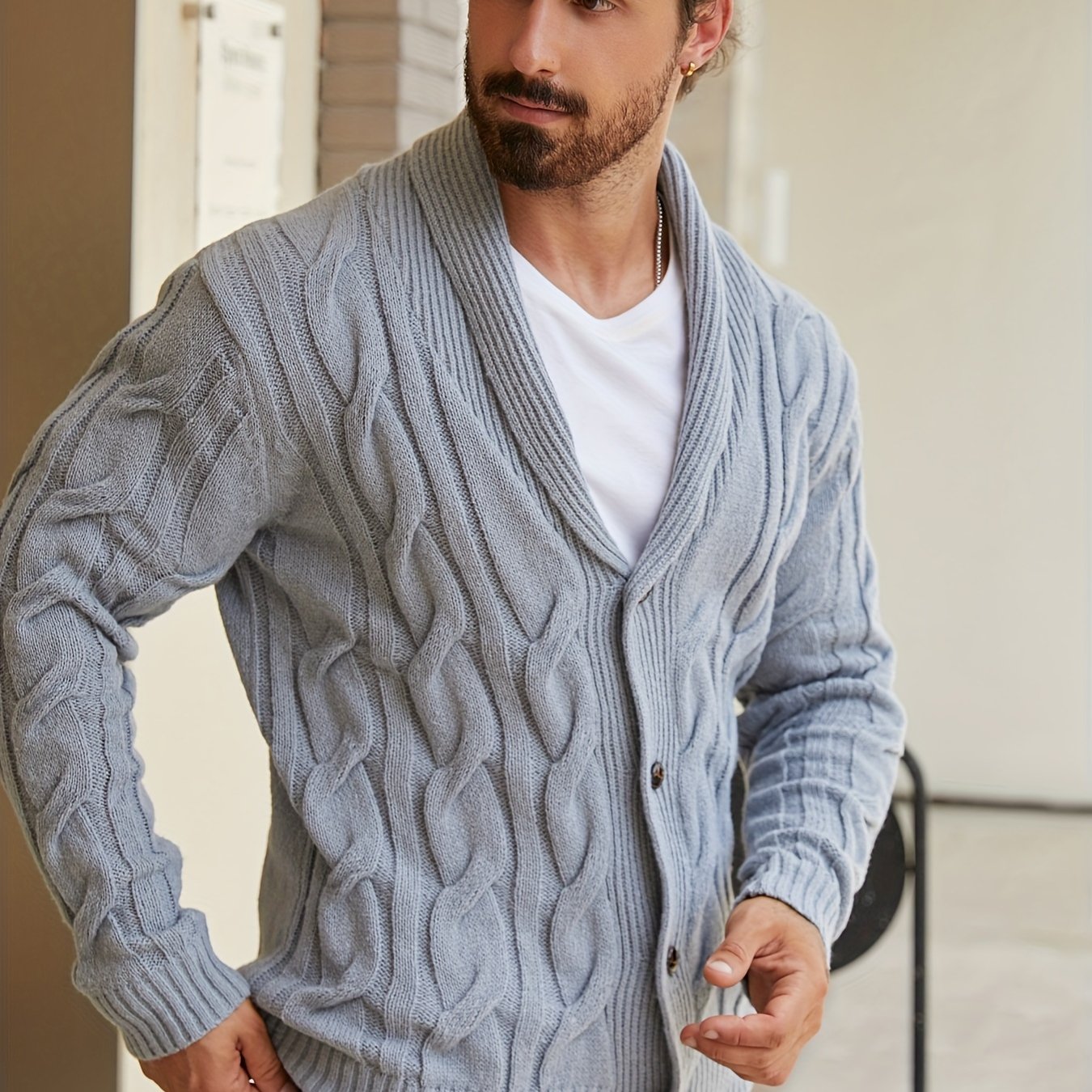 Mens Geometric Print Casual Long Sleeve Knitted Lapel Button Up Sweater
