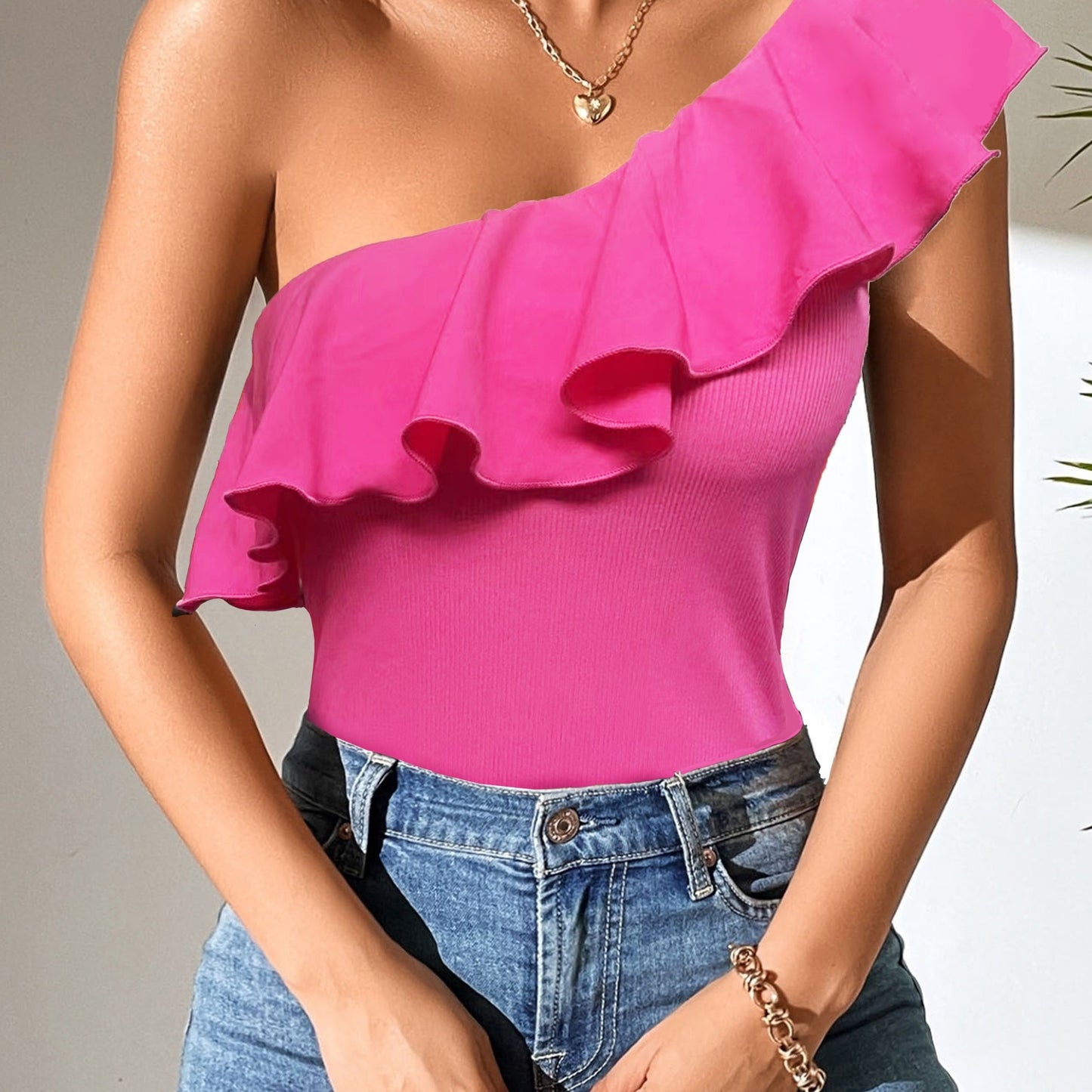 Womens Stretchy Off-Shoulder Ruffle Sleeveless Top