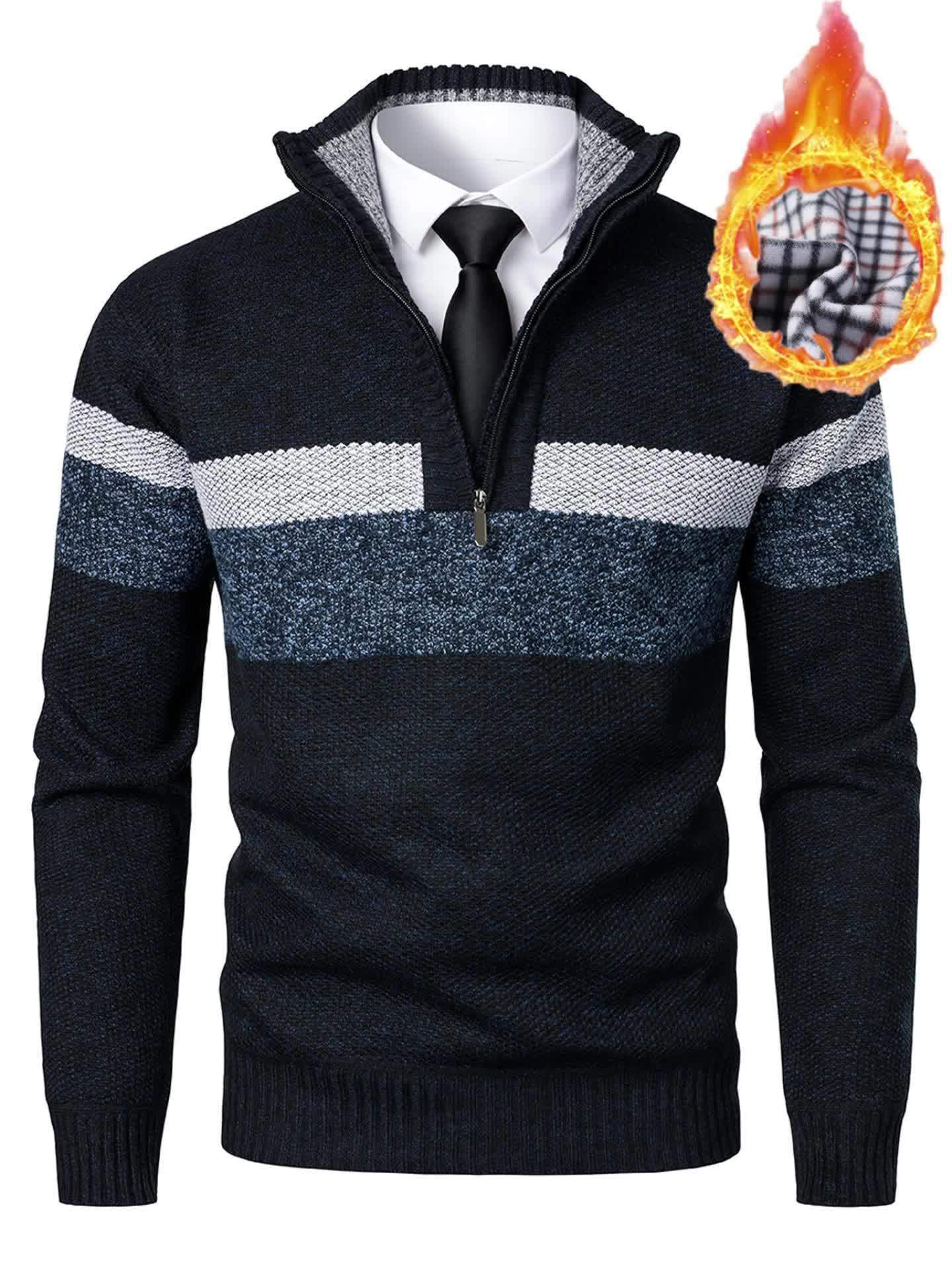 Mens Thick Fleece-Lined Casual Colour Block Stand Collar Knitted Half Zip Long Sleeved Sweater