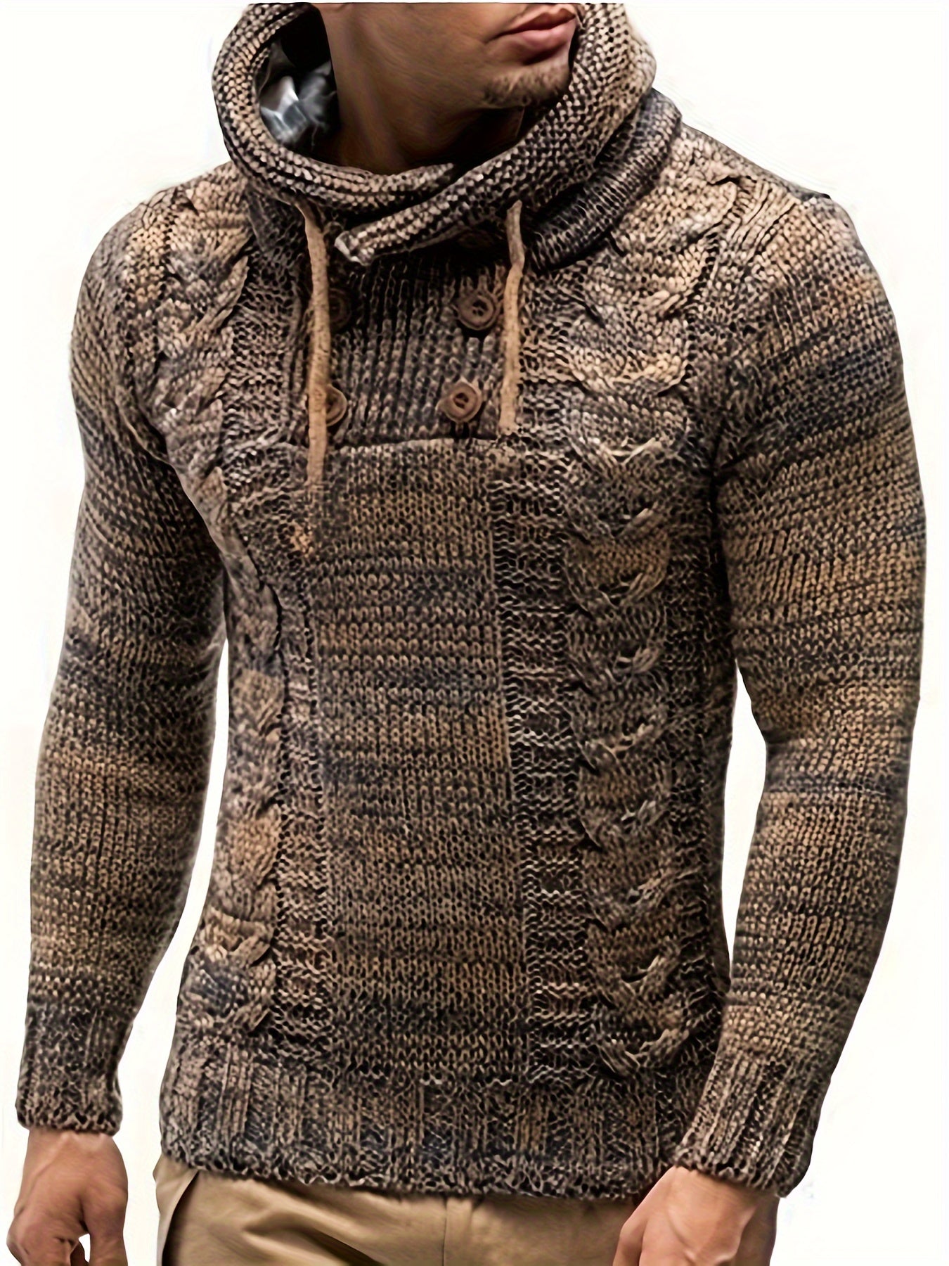 Mens Slim Fit Cable-Knit Stretchy High Elasticity Stack Neck Long Sleeve Casual Pullover Jumper