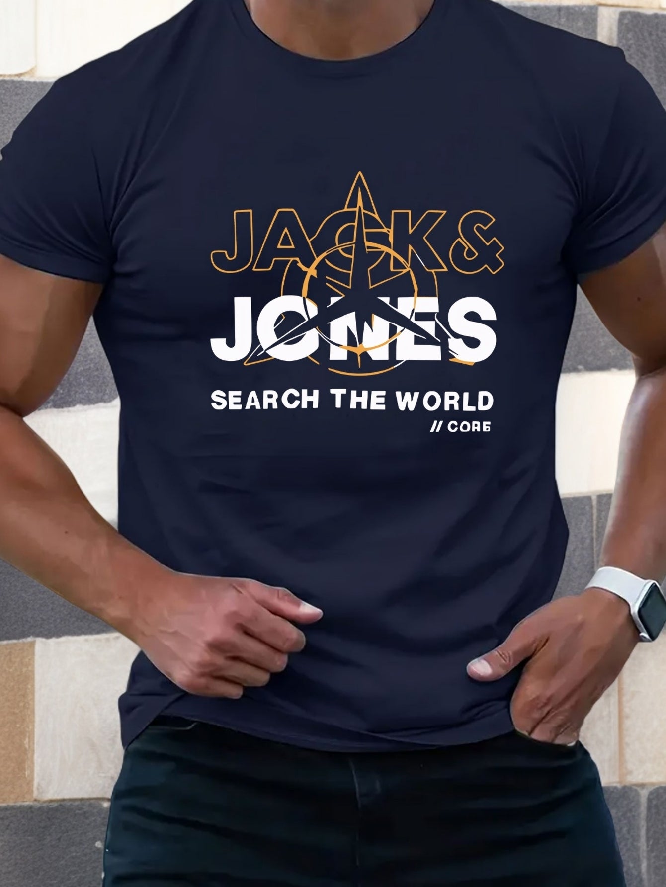 Mens Casual Graphic Short Sleeve Summer Style "Search the World" Print Round Neck Tshirt