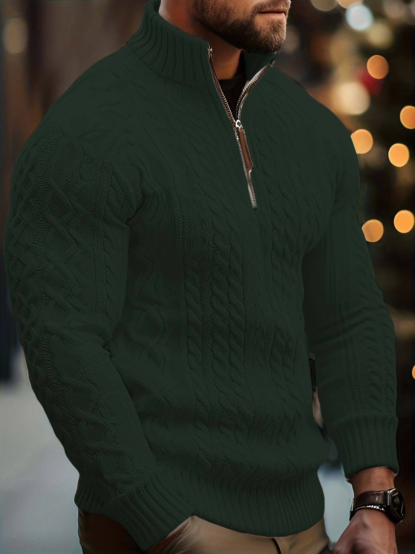 Mens Casual Half-High Collar Zip-Up Cable Knit Classic Pullover Sweater