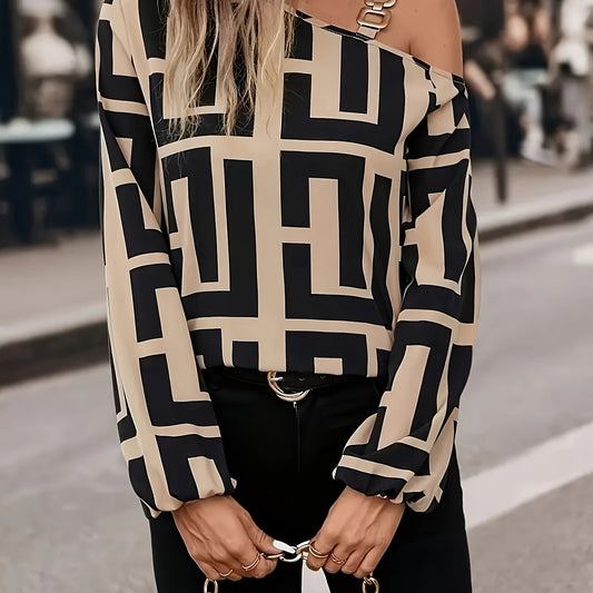 Womens Elegant Off-Shoulder Geometric Print Asymmetrical Loose Fit Chain Detail Top