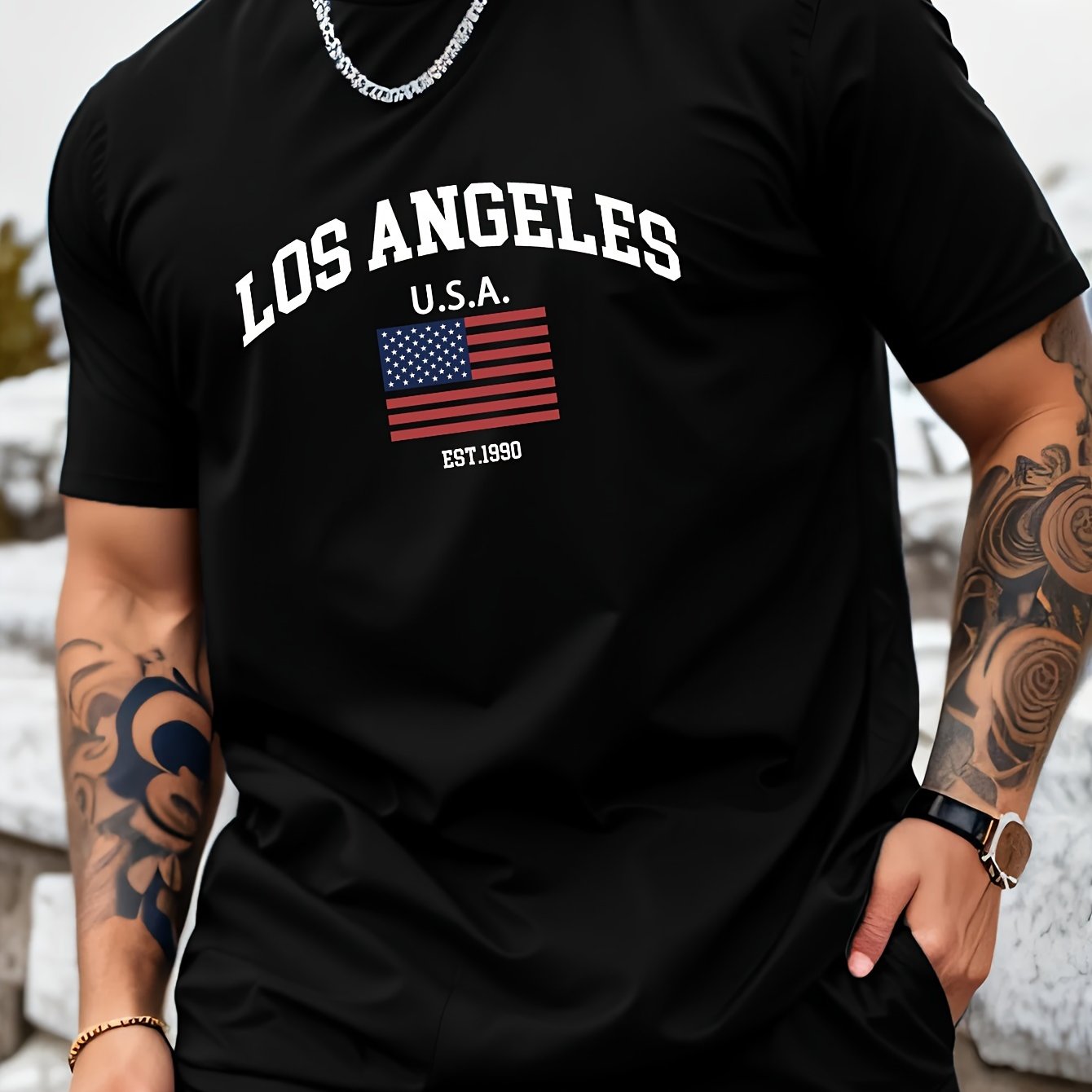 Mens Los Angeles USA Flag Print Casual Crew Neck T-Shirt