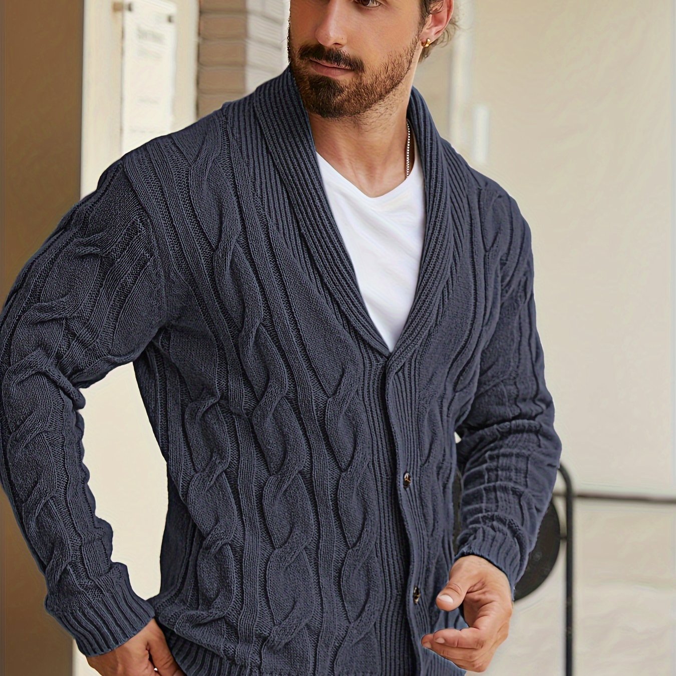 Mens Geometric Print Casual Long Sleeve Knitted Lapel Button Up Sweater
