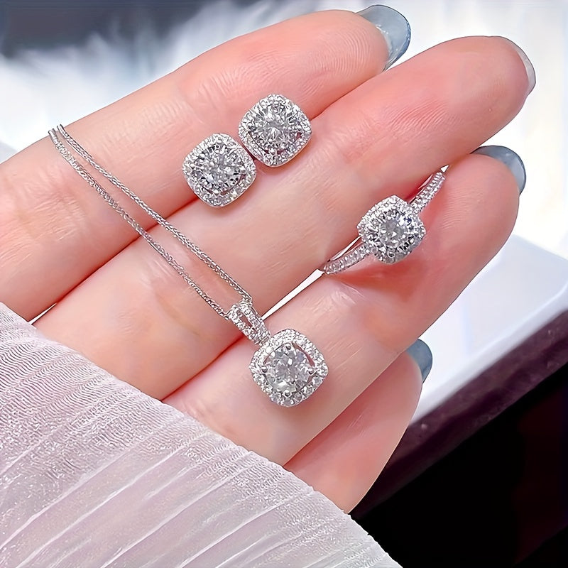 Womens Elegant 3pcs 925 Silver Plated Moissanite Jewellery Set