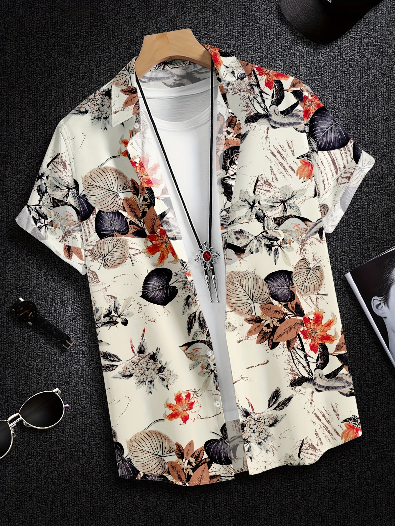 Mens Breathable Casual Short Sleeve Leaf Print Shirt