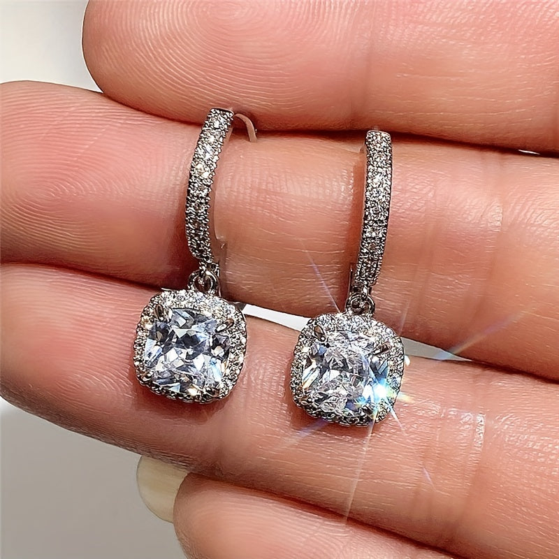 Womens Elegant White Gold Plated Square Zirconia Earrings
