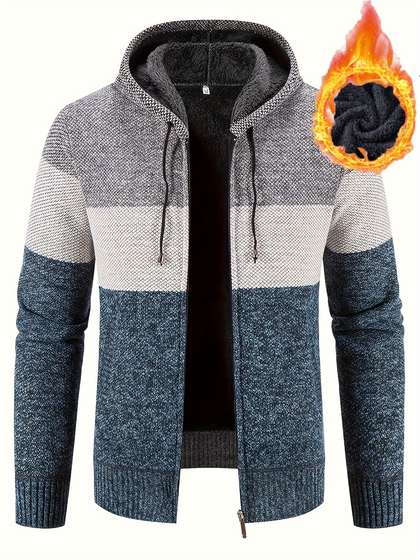 Mens Casual Slightly Stretch Zip Up Colour Block Hooded Fleece Jacket Sweater