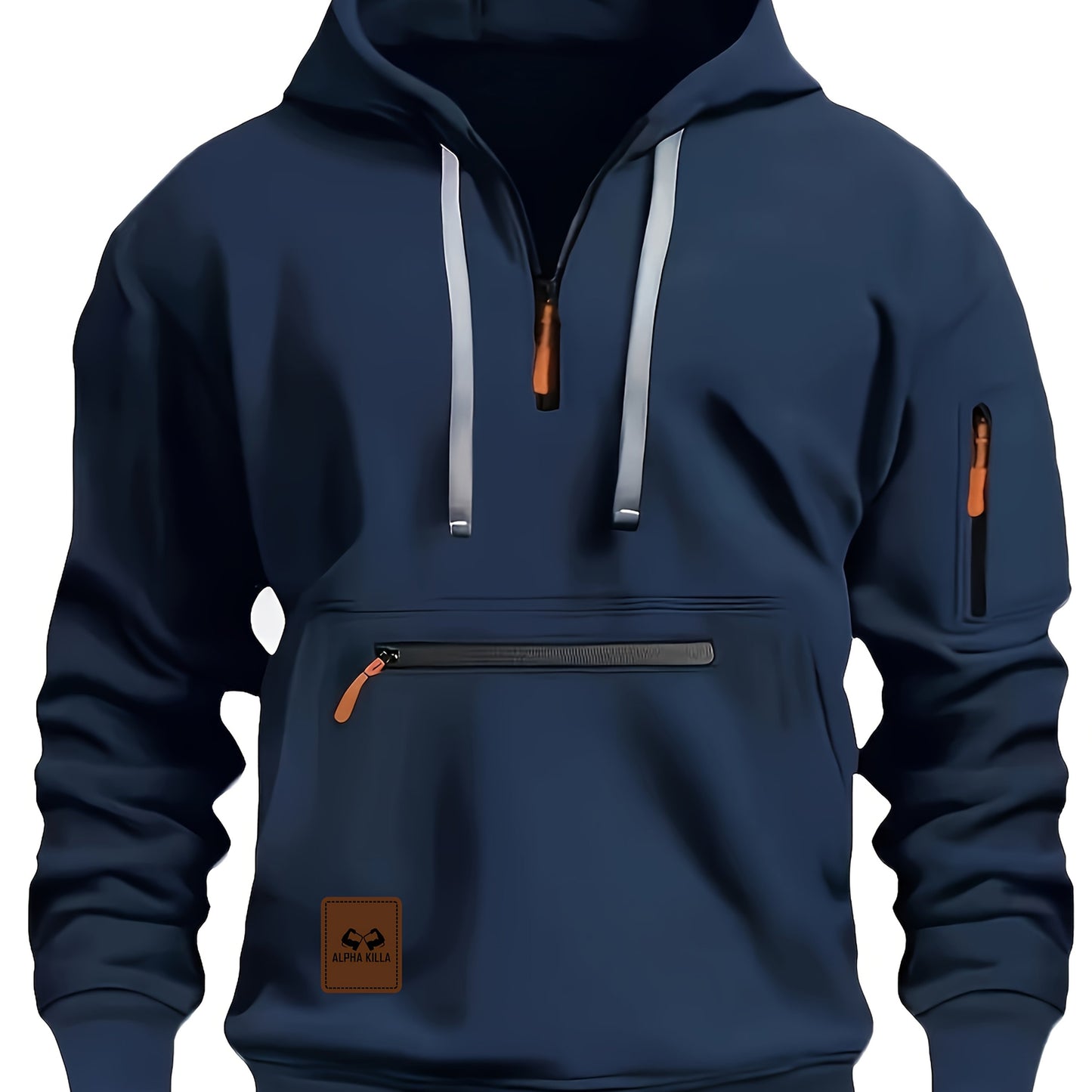 Mens Casual Hooded Zipper Pockets Half Zip Collar Solid Colour Pullover Sweatshirt