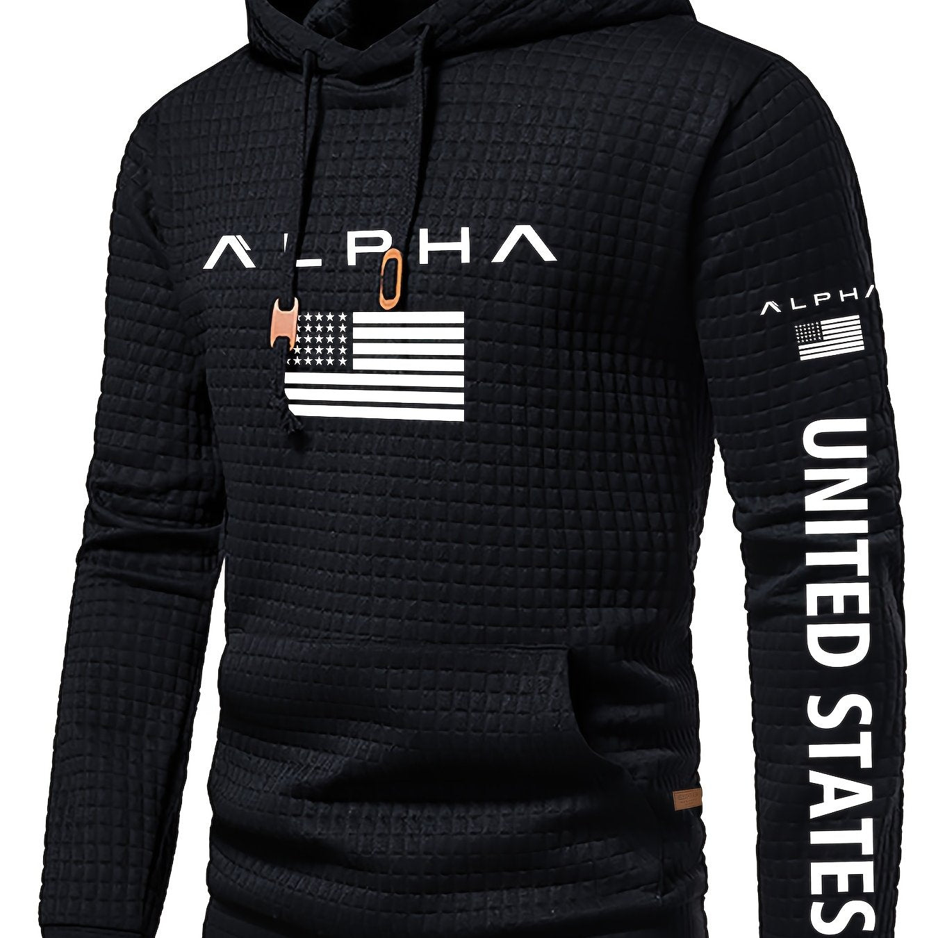 Mens Casual Letter Print Slim Fit Waffle Knit Pullover Hooded Swearshirt