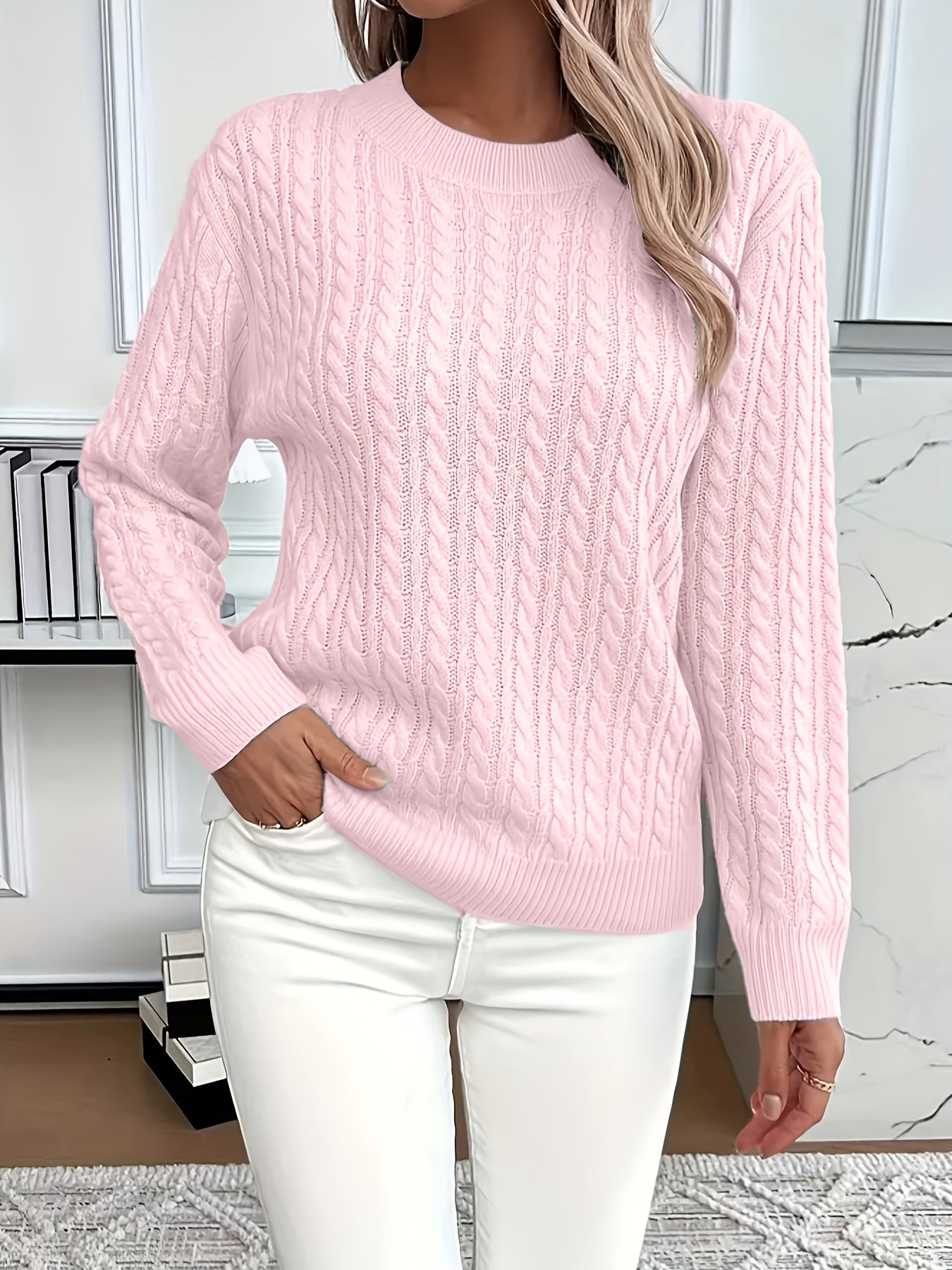 Womens Casual Loose-Fit Round Neck Long Sleeve Solid Colour Rib Design Pullover Sweater