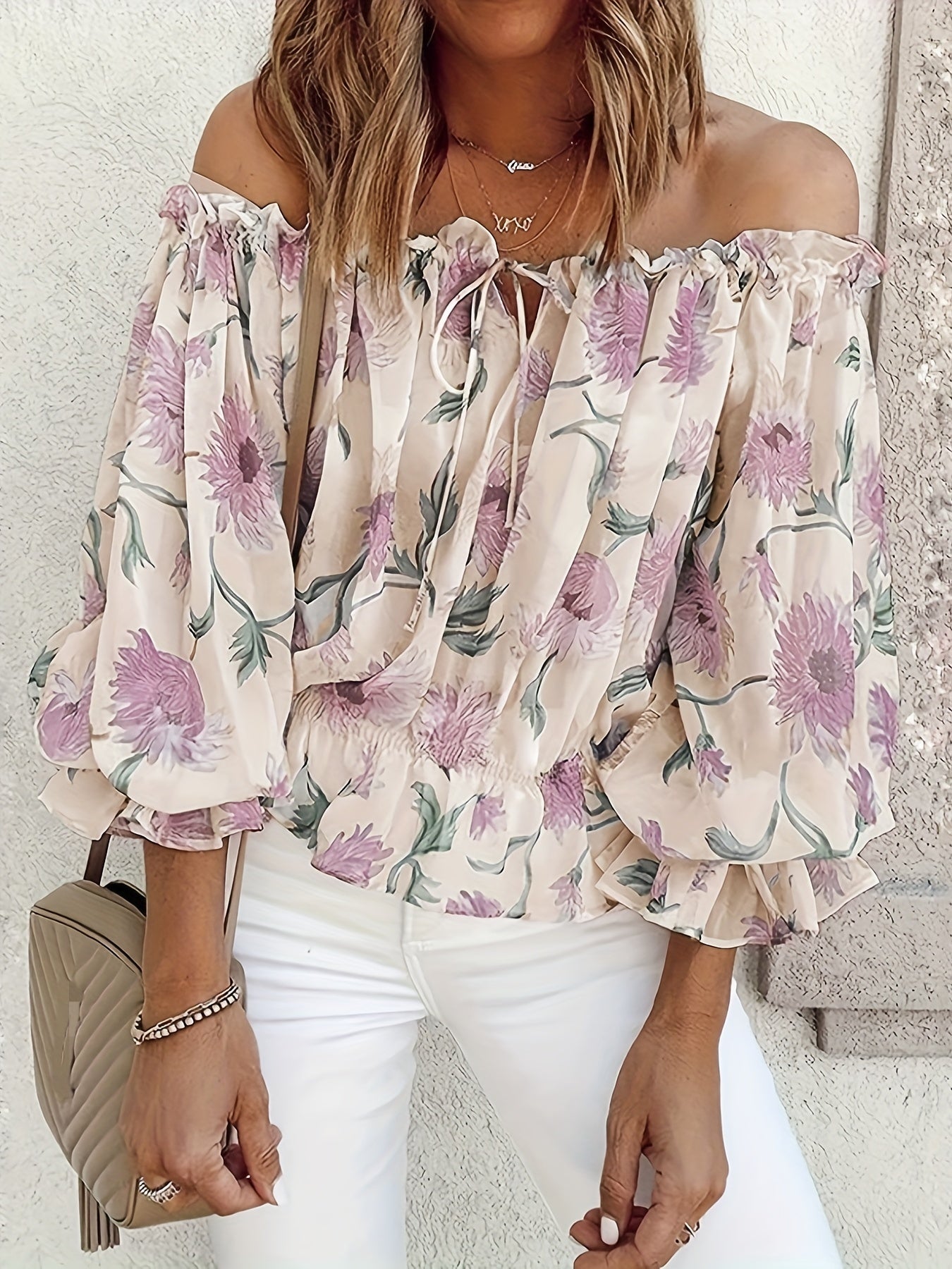 Womens Lightweight Off-Shoulder Semi-Sheer Pleated Lantern Sleeves Loose Fit Top