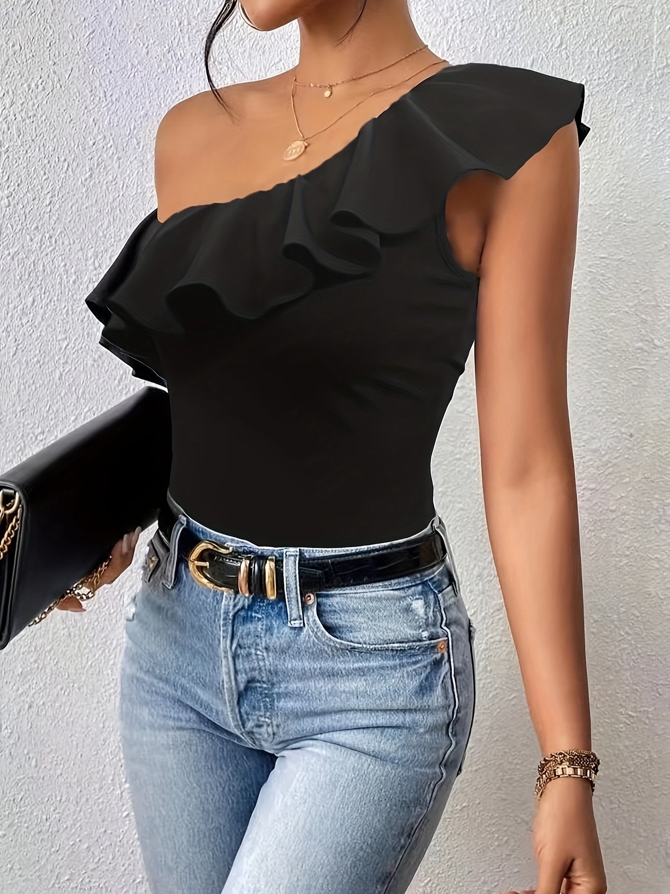 Womens Stretchy Off-Shoulder Ruffle Sleeveless Top