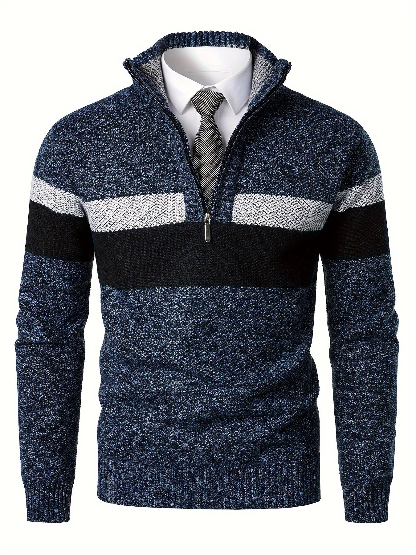 Mens Thick Fleece-Lined Casual Colour Block Stand Collar Knitted Half Zip Long Sleeved Sweater