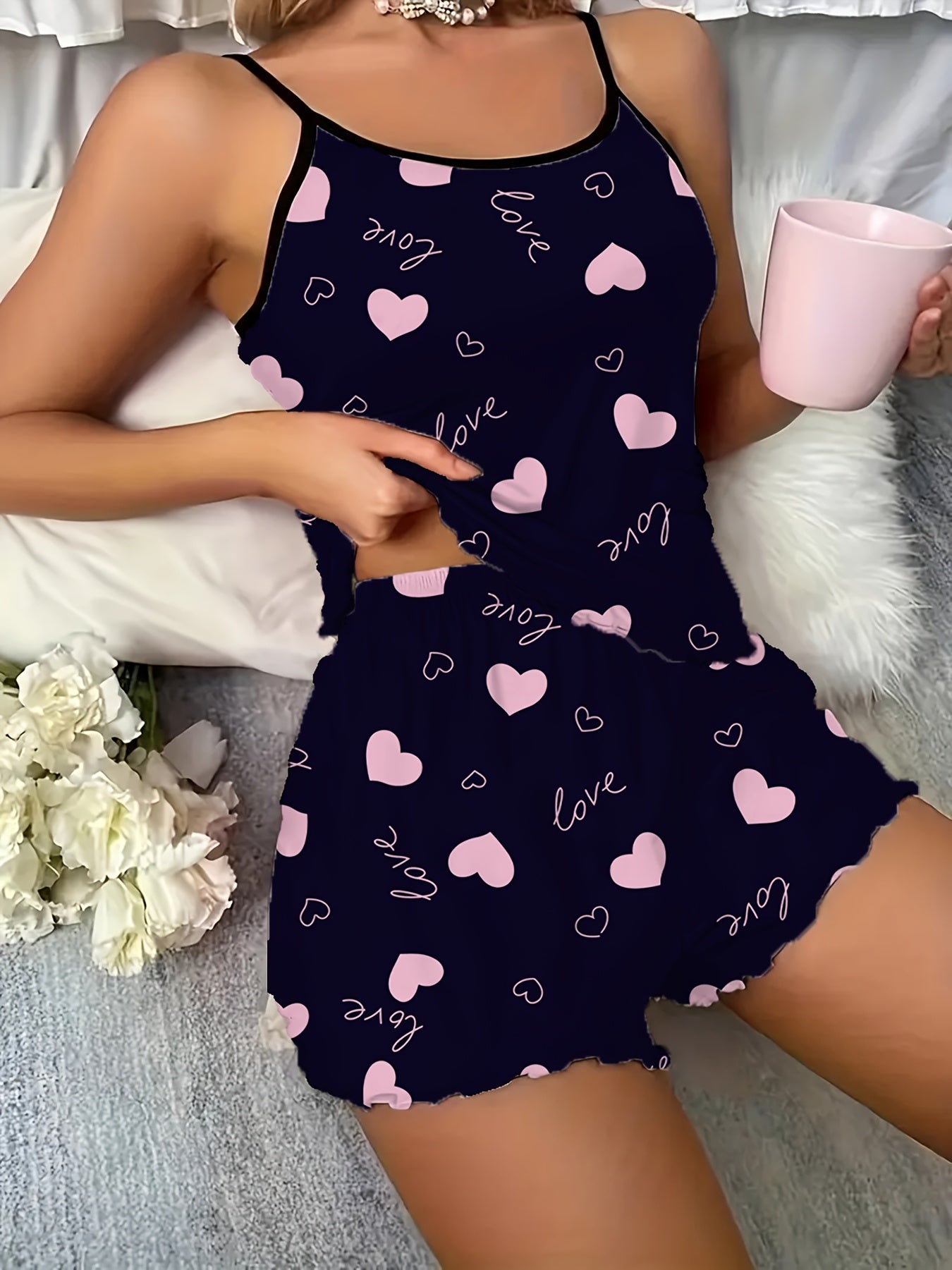 Womens Sexy Love Heart Print Spaghetti Strap Cami & Shorts Pyjama Set