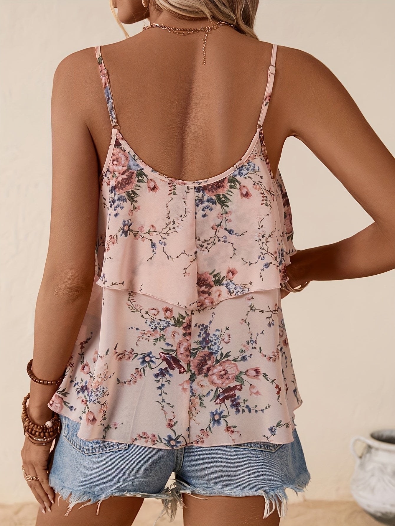 Womens Summer Elegant Floral Print Layered Hem Spaghetti Strap Semi Sheer Top