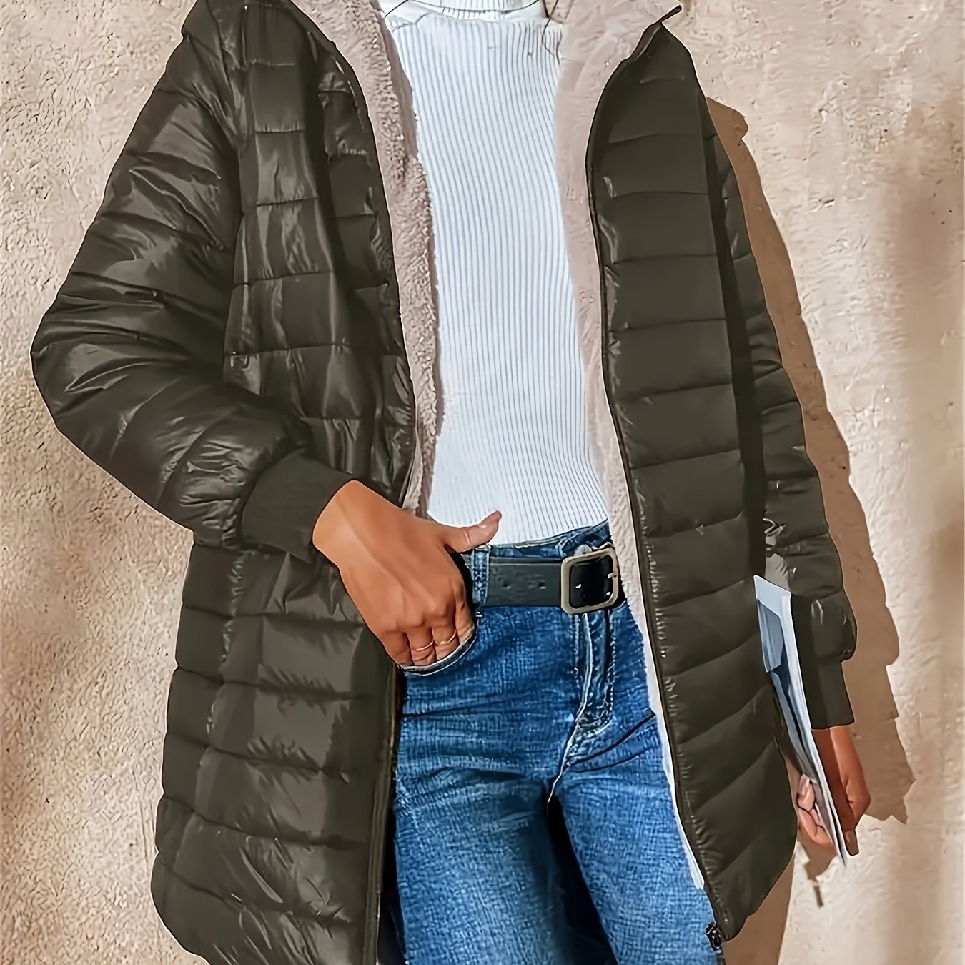 Womens Casual Medium Length Hooded Puffer Jacket