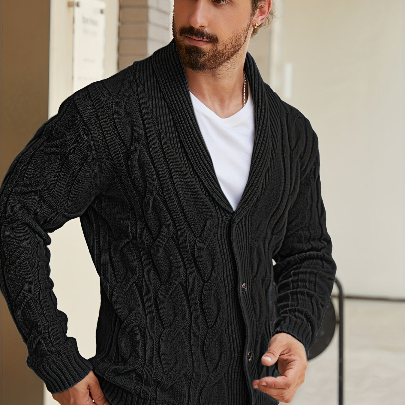 Mens Geometric Print Casual Long Sleeve Knitted Lapel Button Up Sweater
