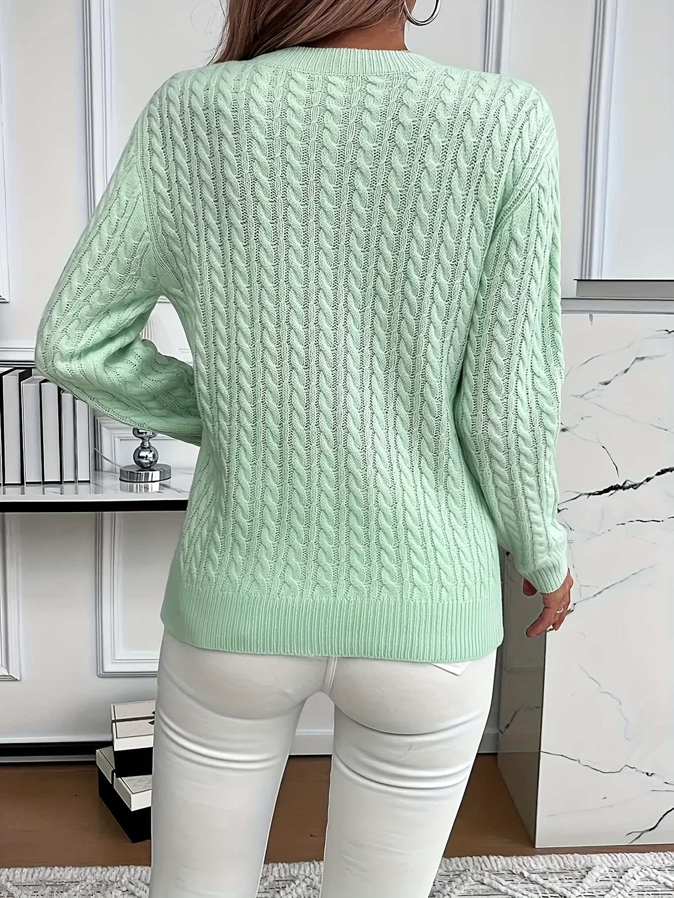 Womens Casual Loose-Fit Round Neck Long Sleeve Solid Colour Rib Design Pullover Sweater